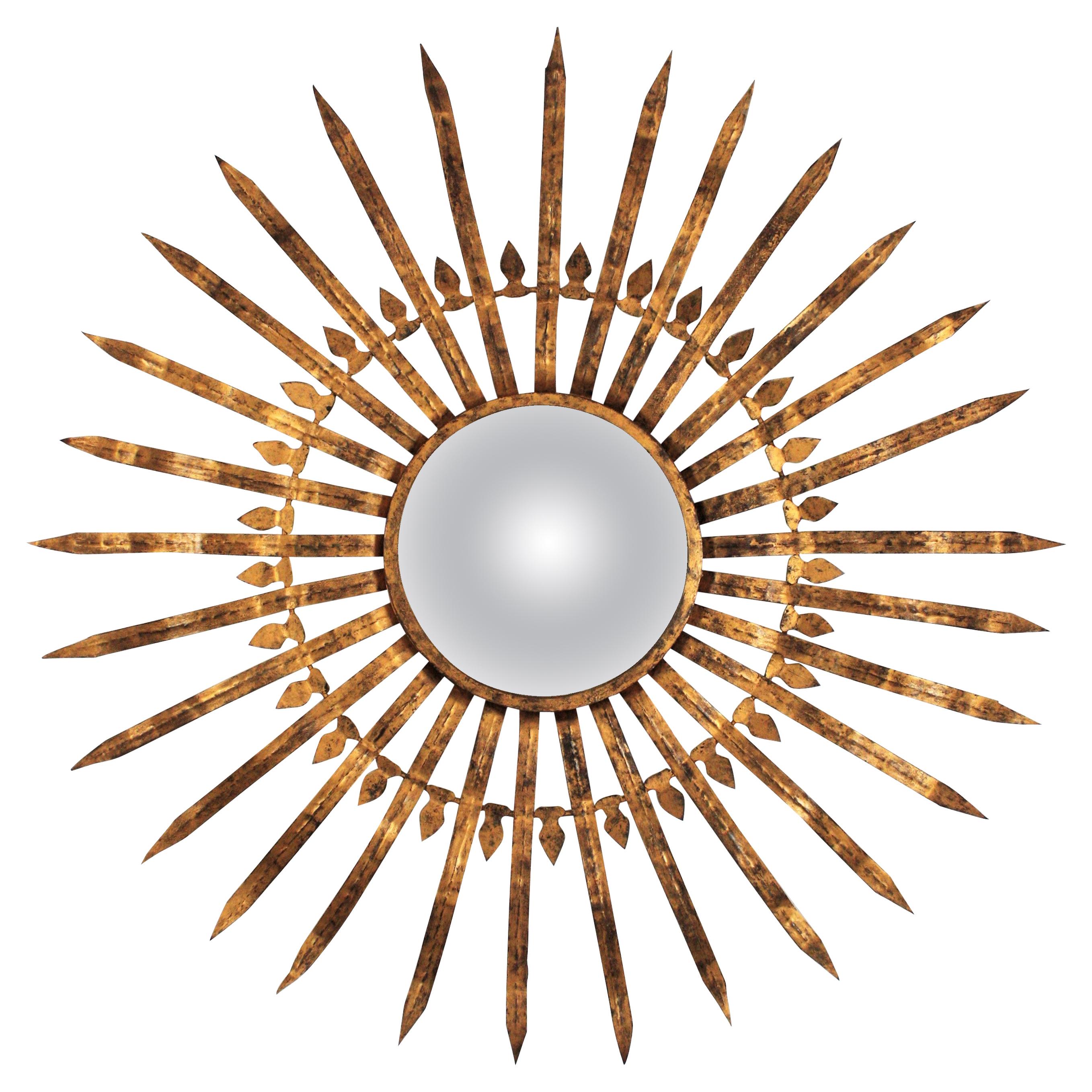 Oversized Sunburst Convex Mirror in Gilt Iron