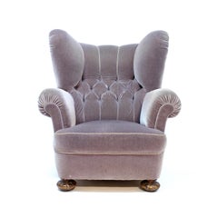 Oversized Swedish Modern Lounge chair in grey velvet, 1940s