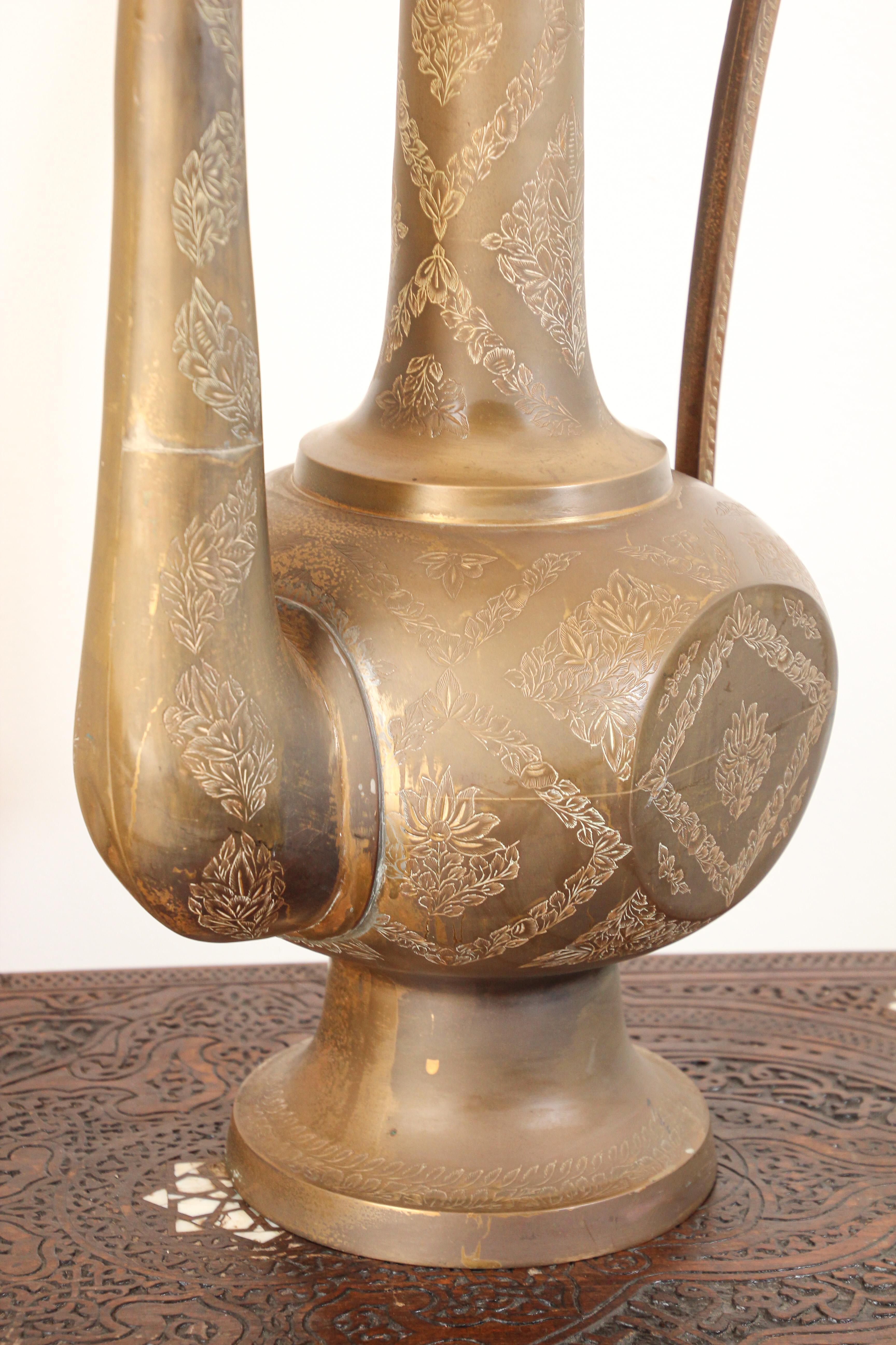 Oversized Tall Moorish Mughal Indian Brass Ewer For Sale 4