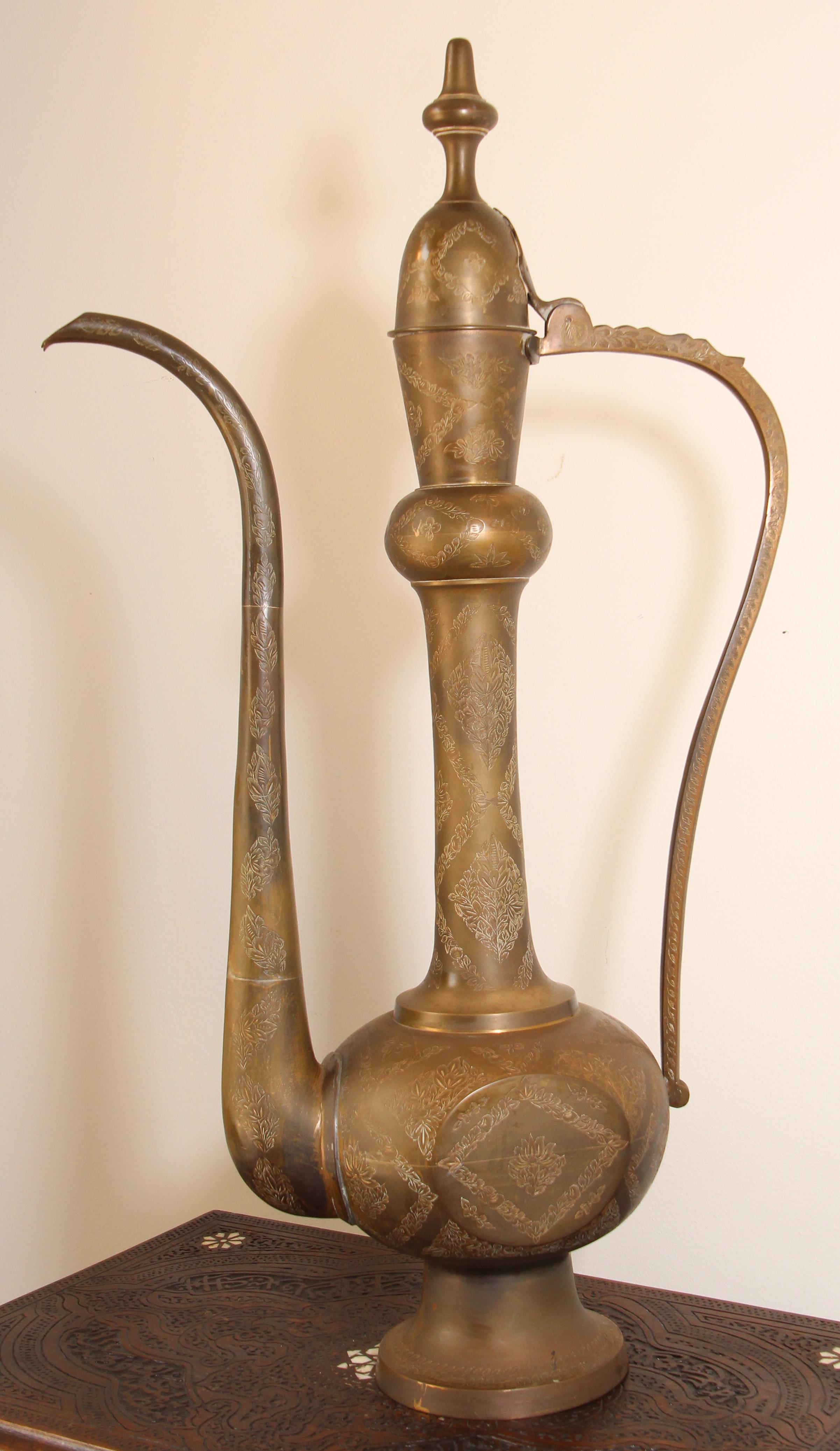 Oversized Tall Moorish Mughal Indian Brass Ewer For Sale 5