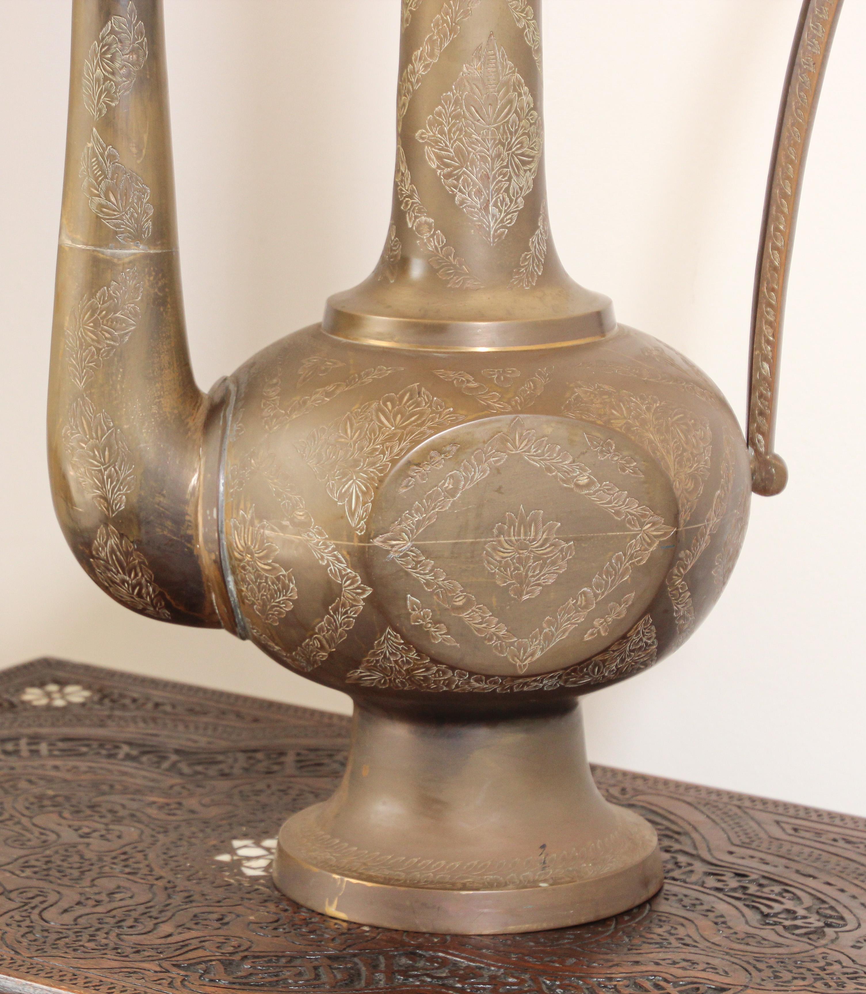 Oversized Tall Moorish Mughal Indian Brass Ewer For Sale 6