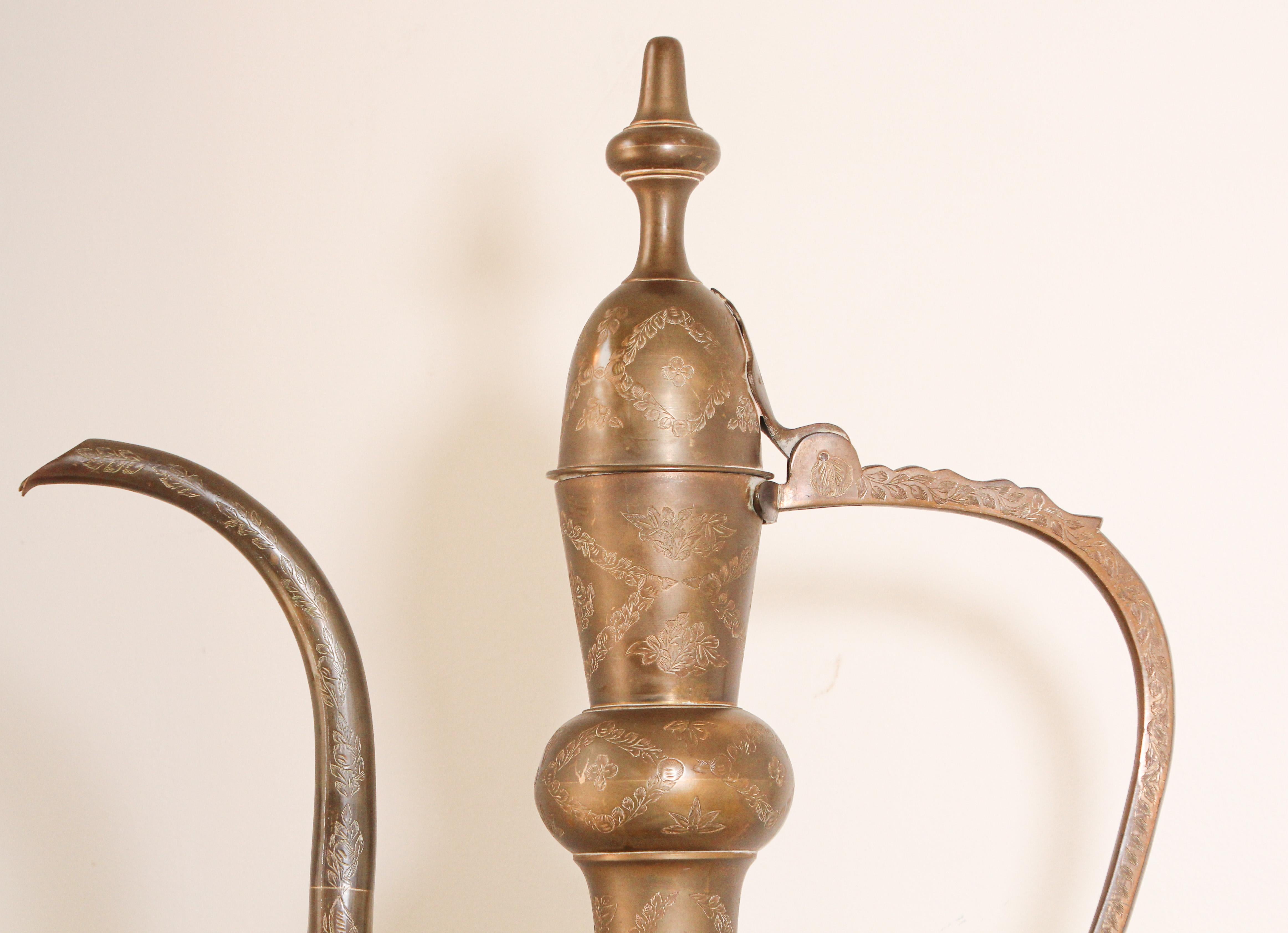 Oversized Tall Moorish Mughal Indian Brass Ewer For Sale 7
