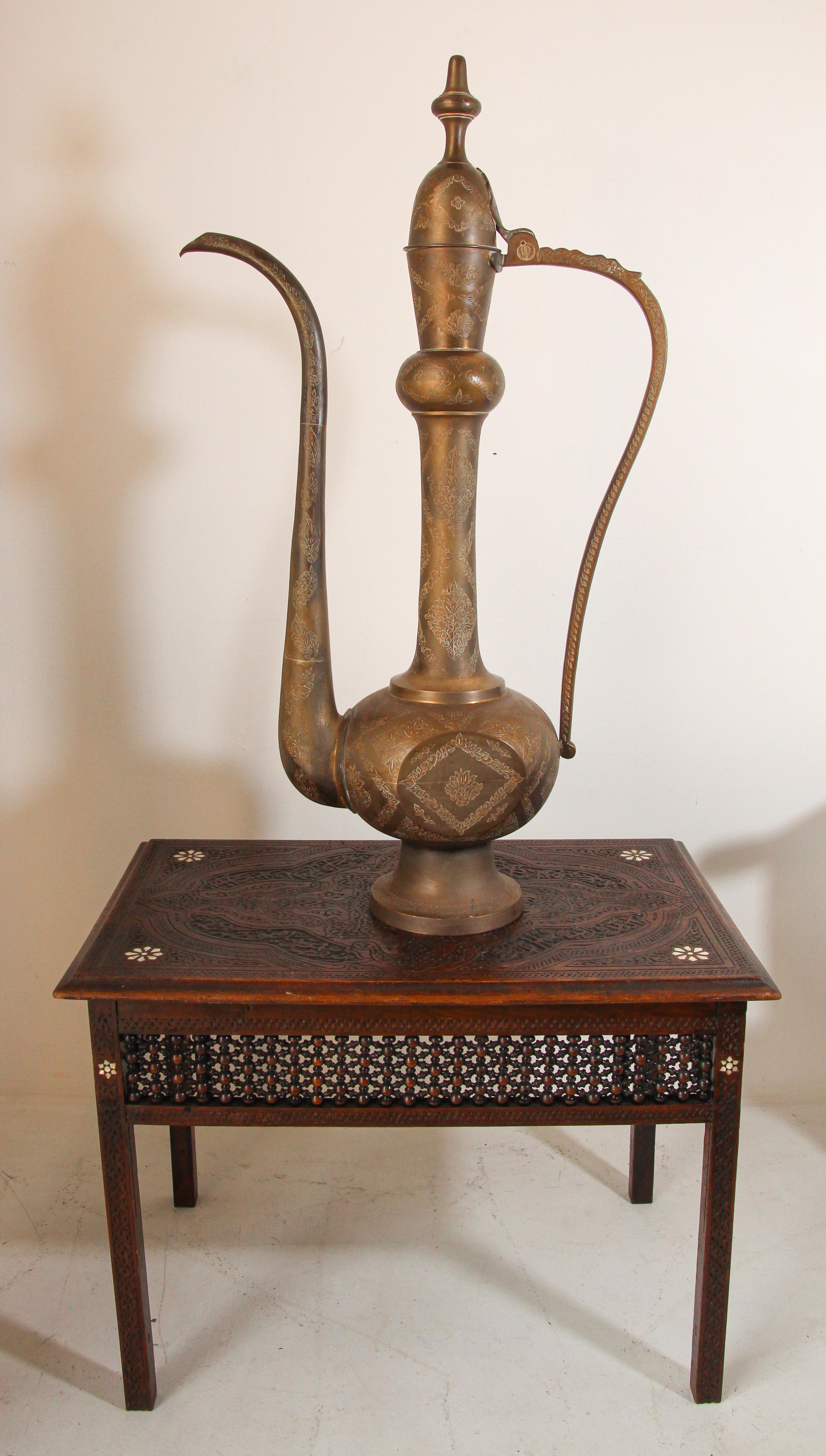 Oversized Tall Moorish Mughal Indian Brass Ewer For Sale 11