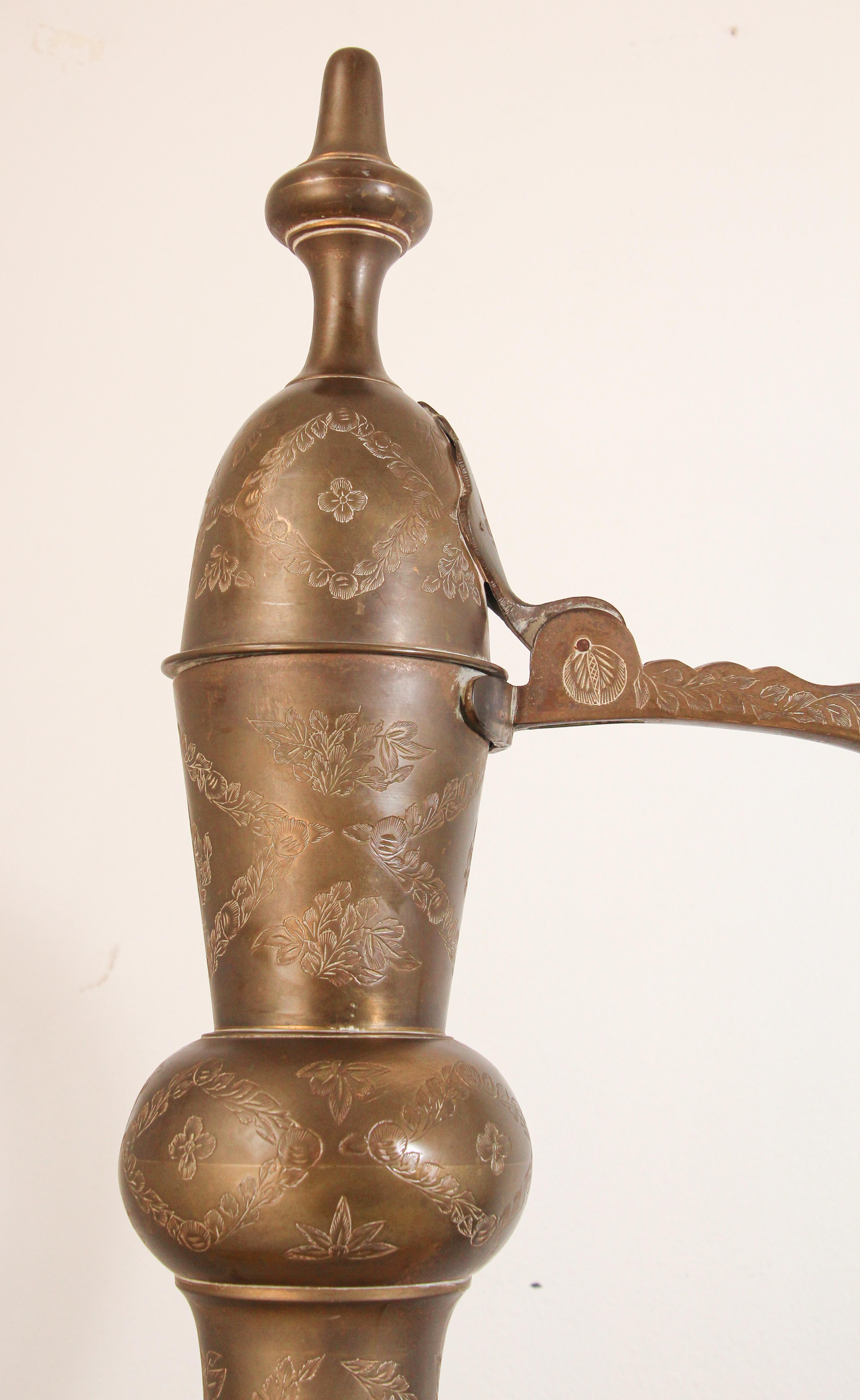 Anglo Raj Oversized Tall Moorish Mughal Indian Brass Ewer For Sale