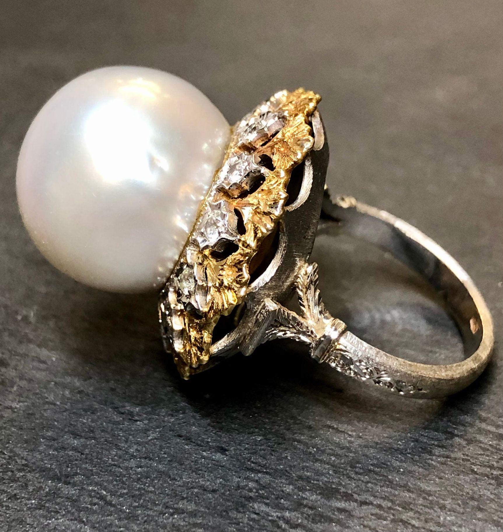 Round Cut Textured 18K South Sea Pearl Diamond Ring 17mm Sz 6.25