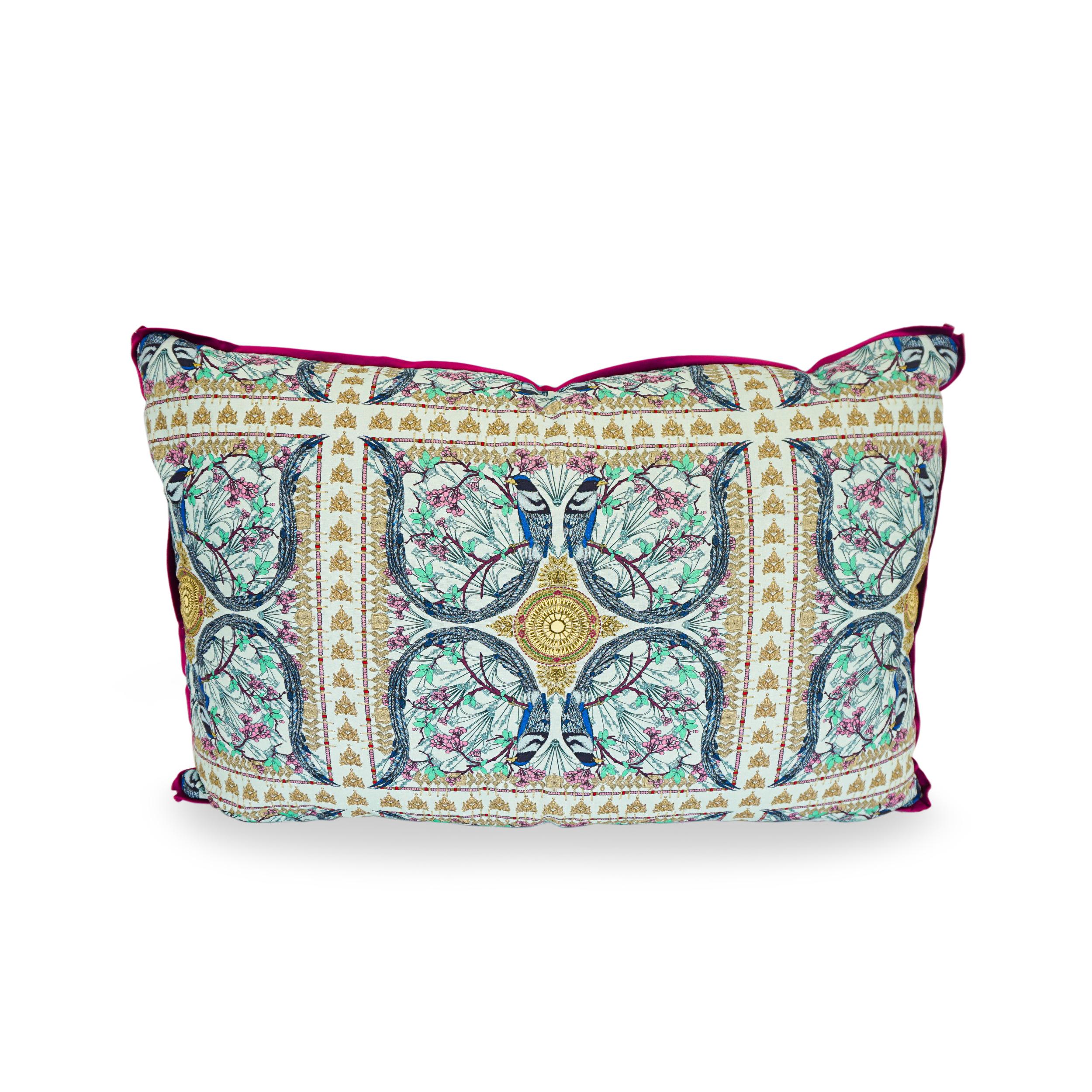 Elaborate printed linen with tile pattern on pillow face, aqua linen/cotton back and berry velvet flange. Oversized, understuffed throw pillow that's part duvet part pillow. Collapses flat but can be styled to sit inflated on a sofa. Down/feather