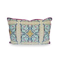 Oversized Throw Pillow with Elaborate Printed Linen, Aqua Back and Berry Flange