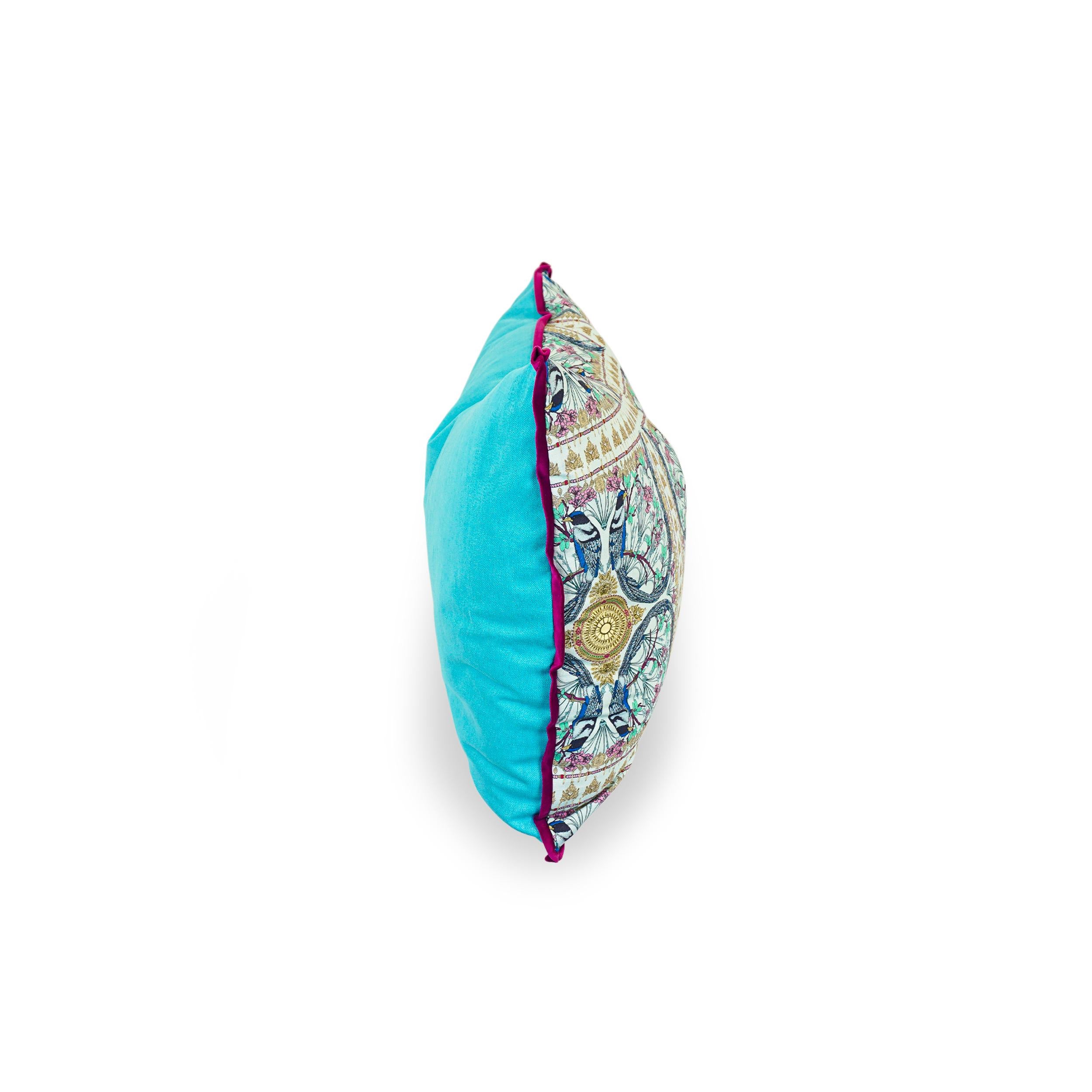 Modern Oversized Throw Pillow with Elaborate Printed Linen, Aqua Back and Berry Flange For Sale