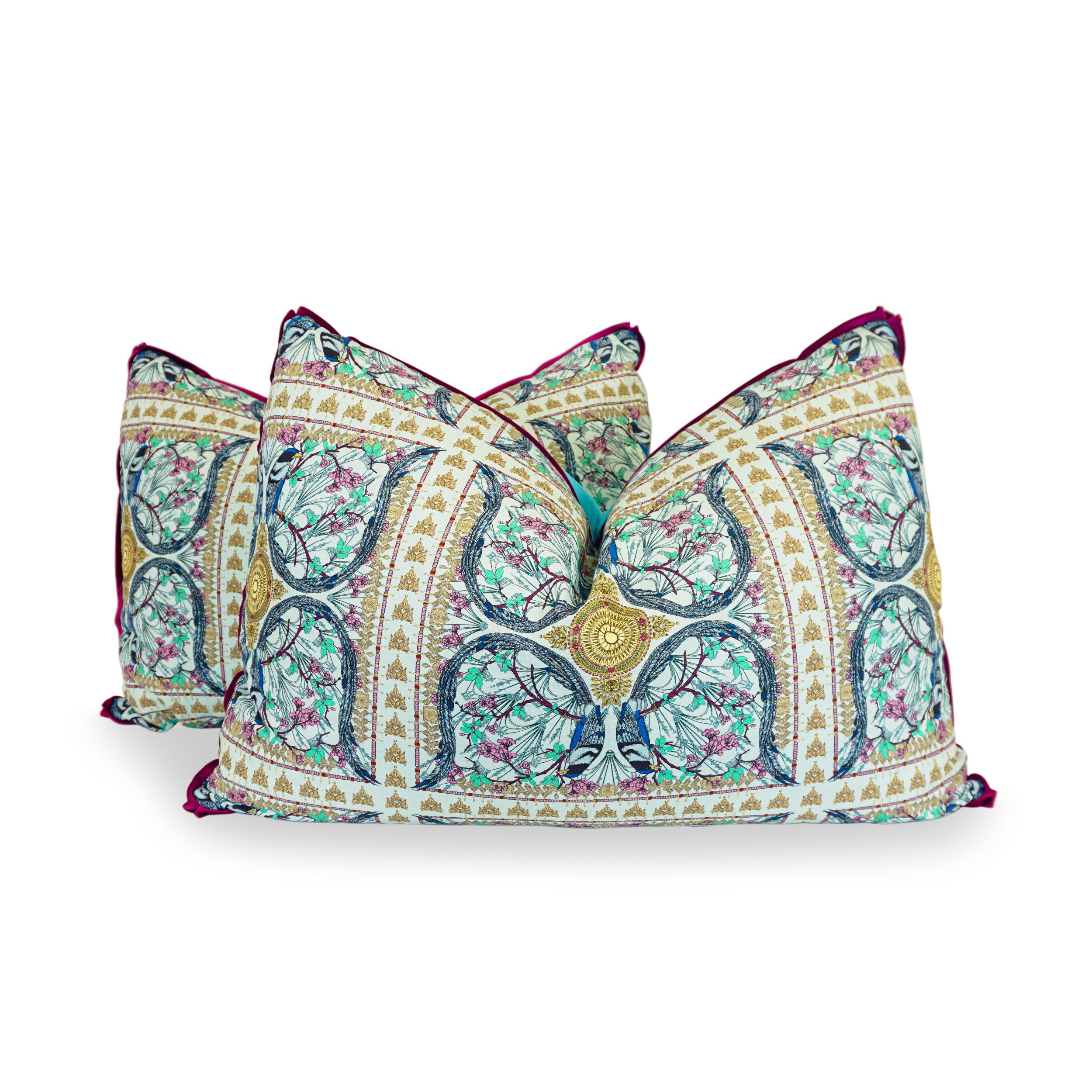 Contemporary Oversized Throw Pillow with Elaborate Printed Linen, Aqua Back and Berry Flange For Sale