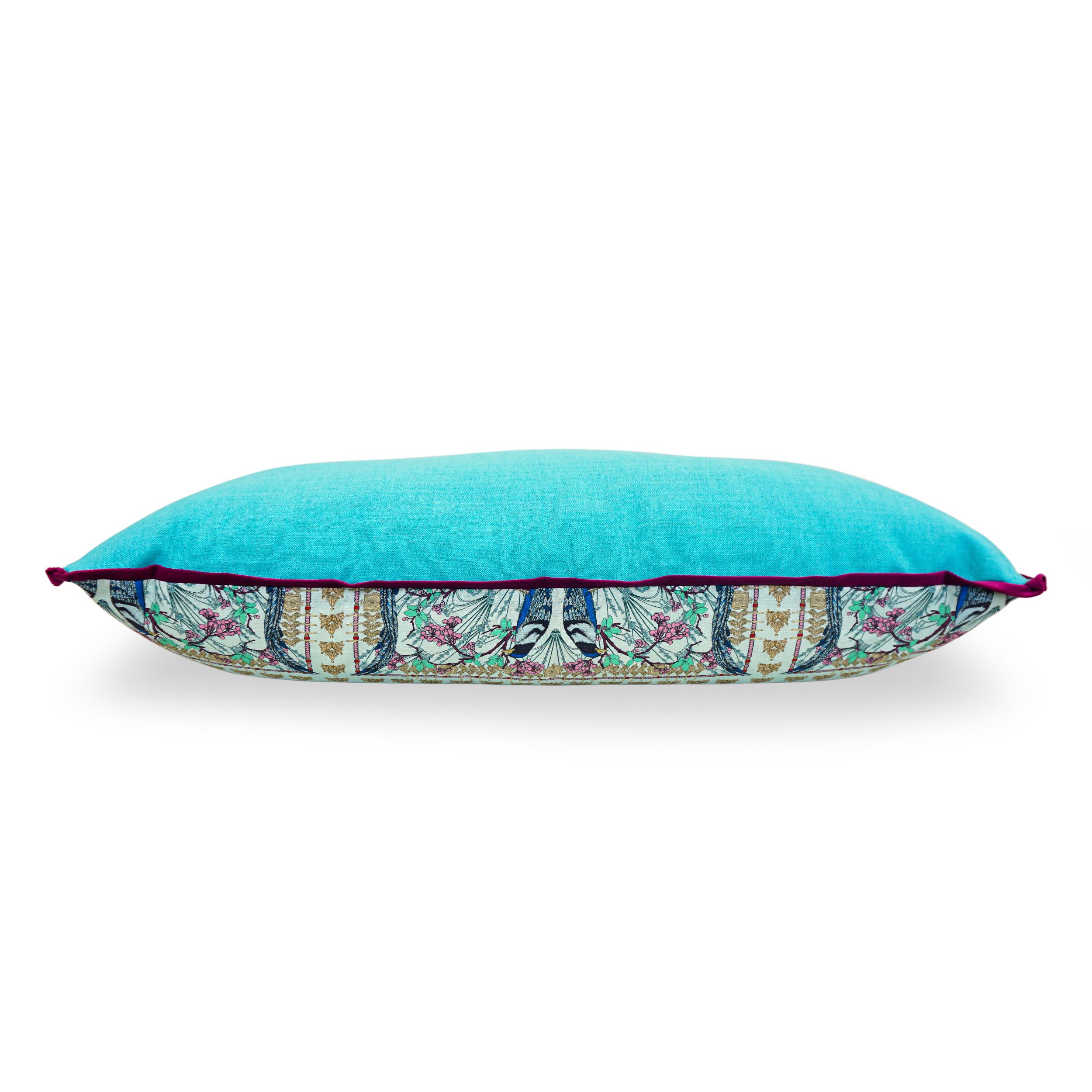 Feathers Oversized Throw Pillow with Elaborate Printed Linen, Aqua Back and Berry Flange For Sale