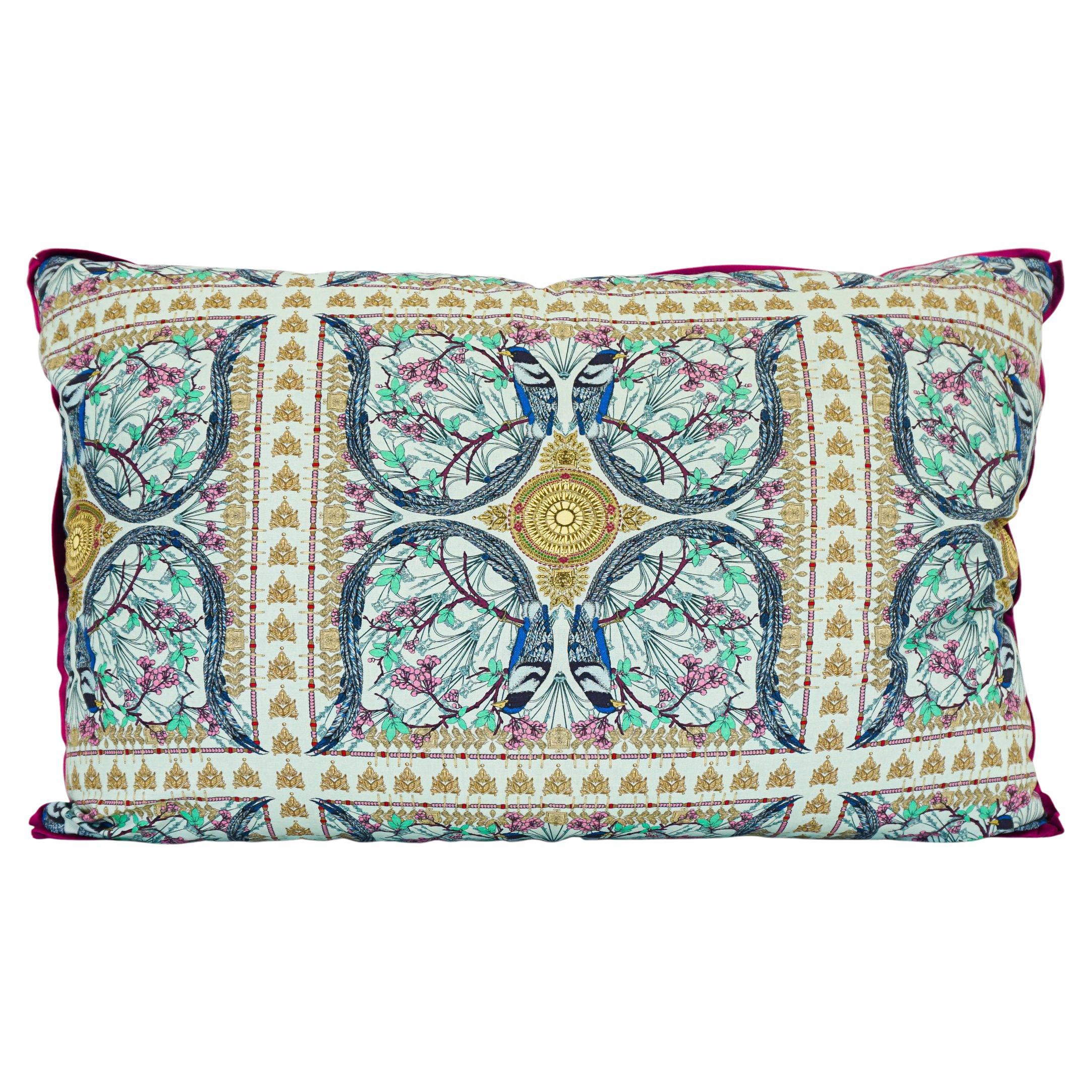 Oversized Throw Pillow with Elaborate Printed Linen, Aqua Back and Berry Flange For Sale
