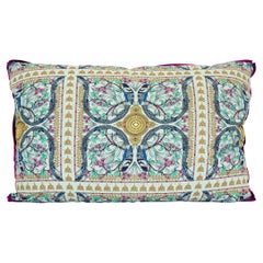 Oversized Throw Pillow with Elaborate Printed Linen, Aqua Back and Berry Flange