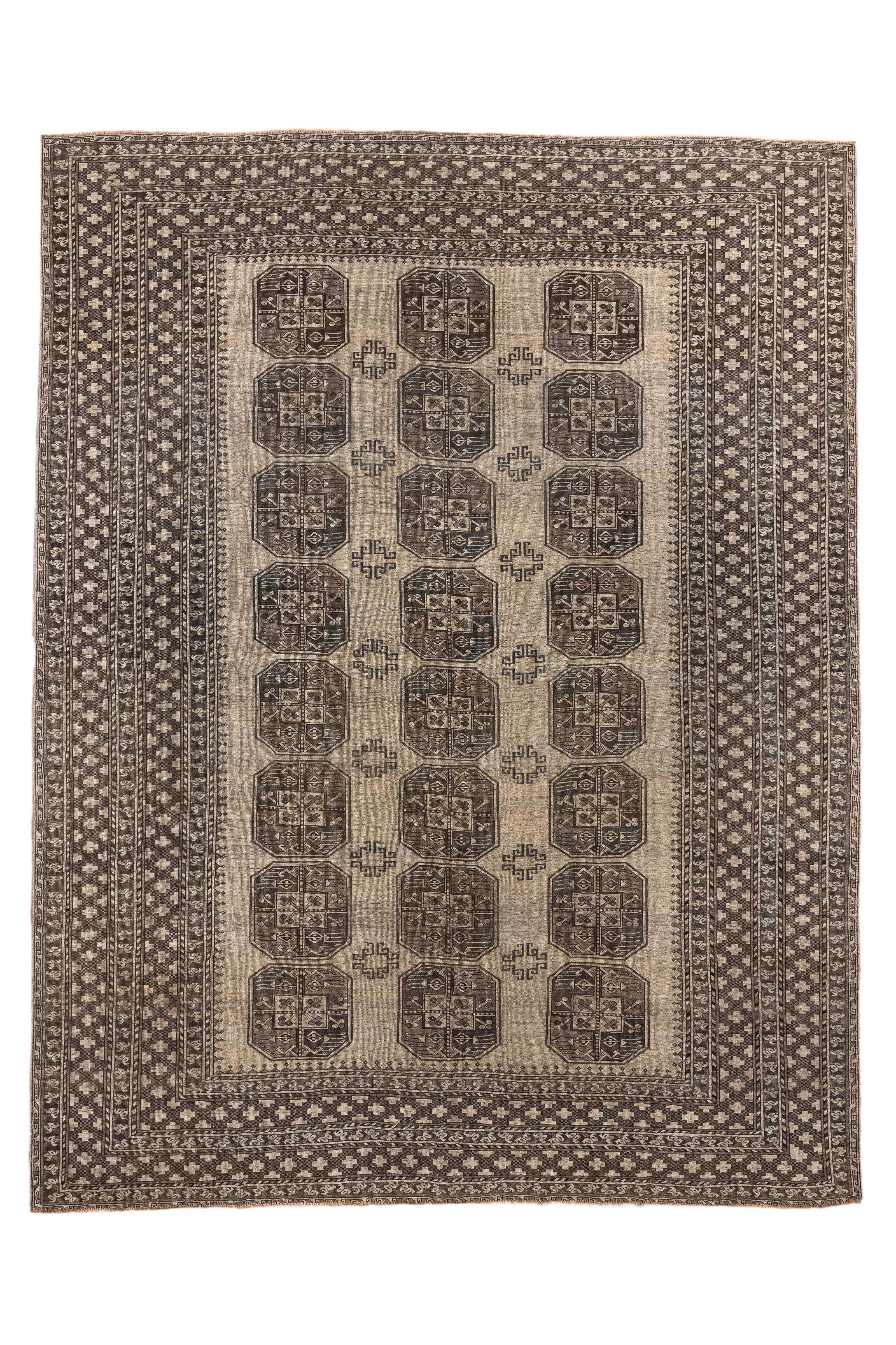 A timeless hand-knotted Afghan rug featuring the iconic Bokhara gul design in a striking espresso and taupe palette. The repeating octagonal medallions are meticulously arranged on a soft neutral field and framed by multiple geometric borders that