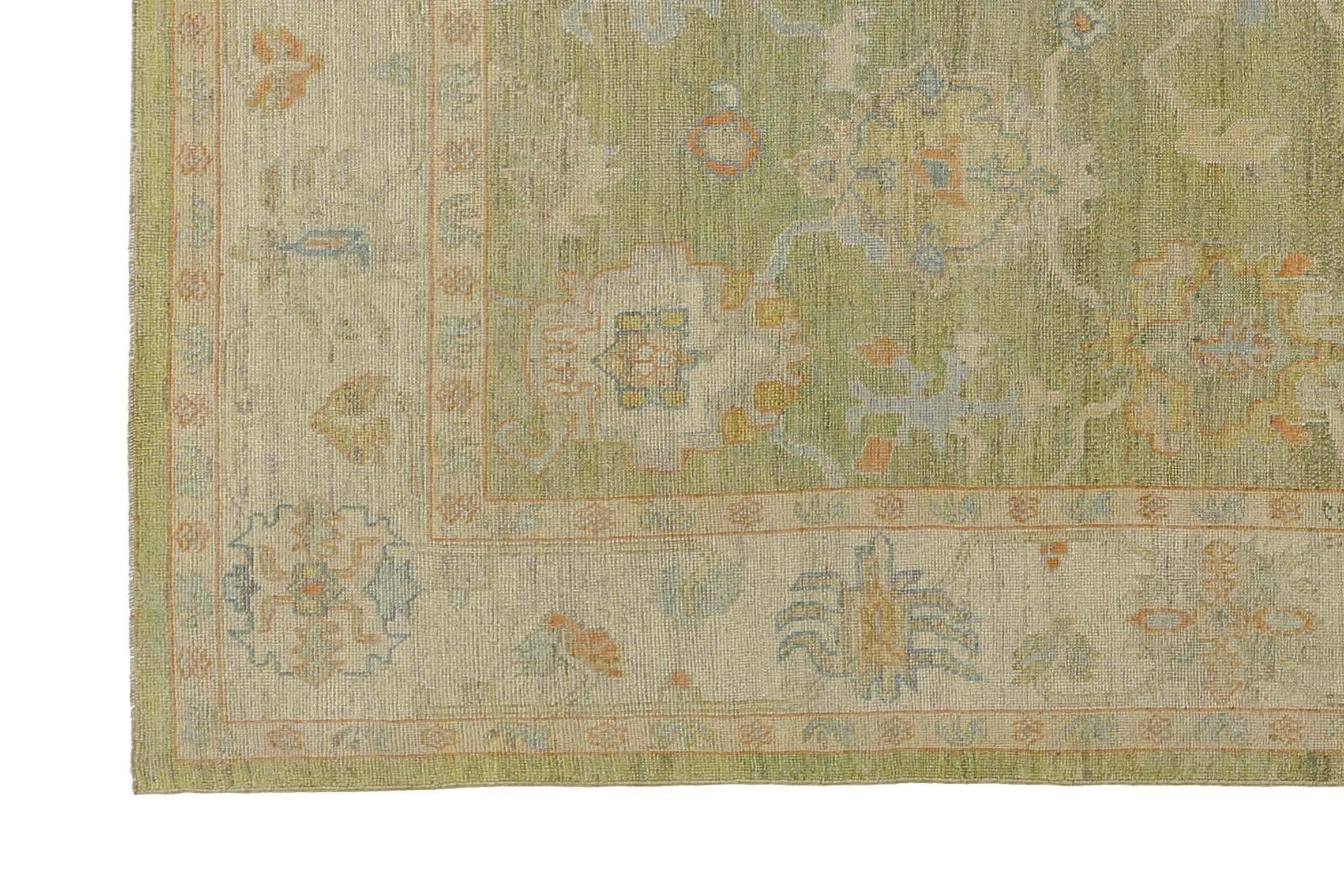 Alfombra Afgana Oushak Circa 1990 - Lana Verde Diseño Marfil - 95553 en venta 6