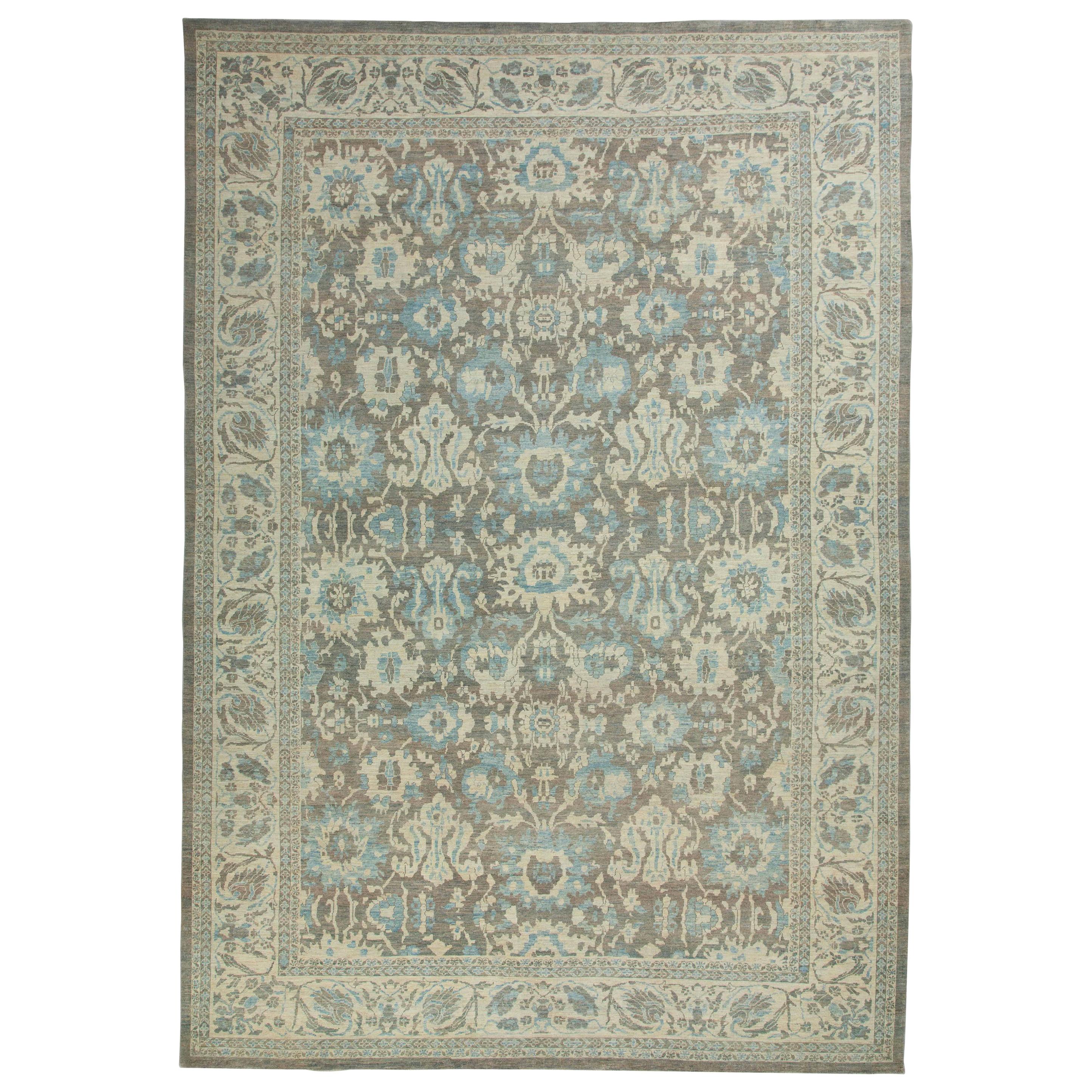 Oversized Turkish Style Sultanabad Rug with Blue and Ivory Floral Details For Sale