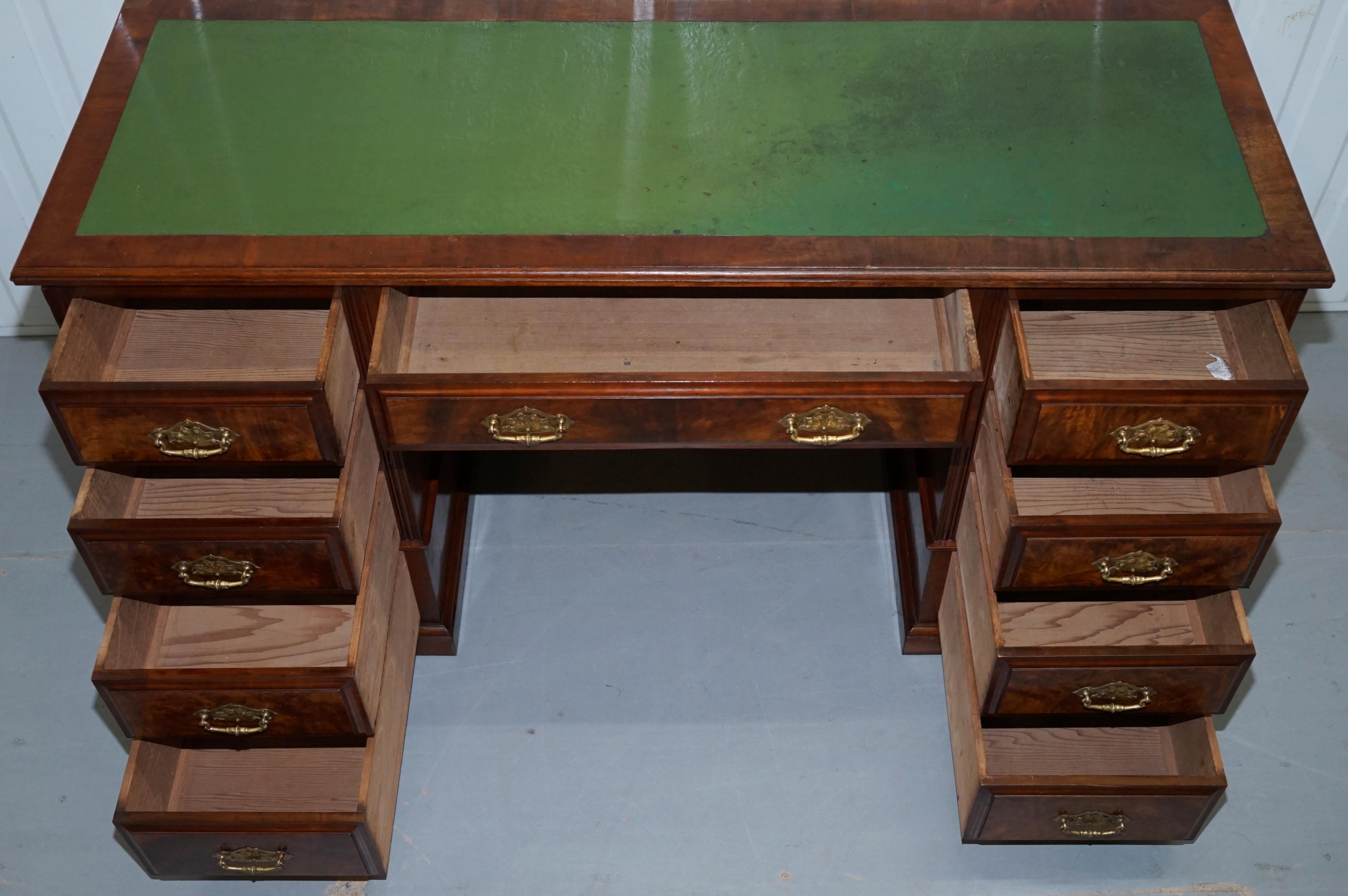 Oversized Victorian 1870 Burr Quarter Cut Walnut Knee Hole Pedestal Partner Desk For Sale 10