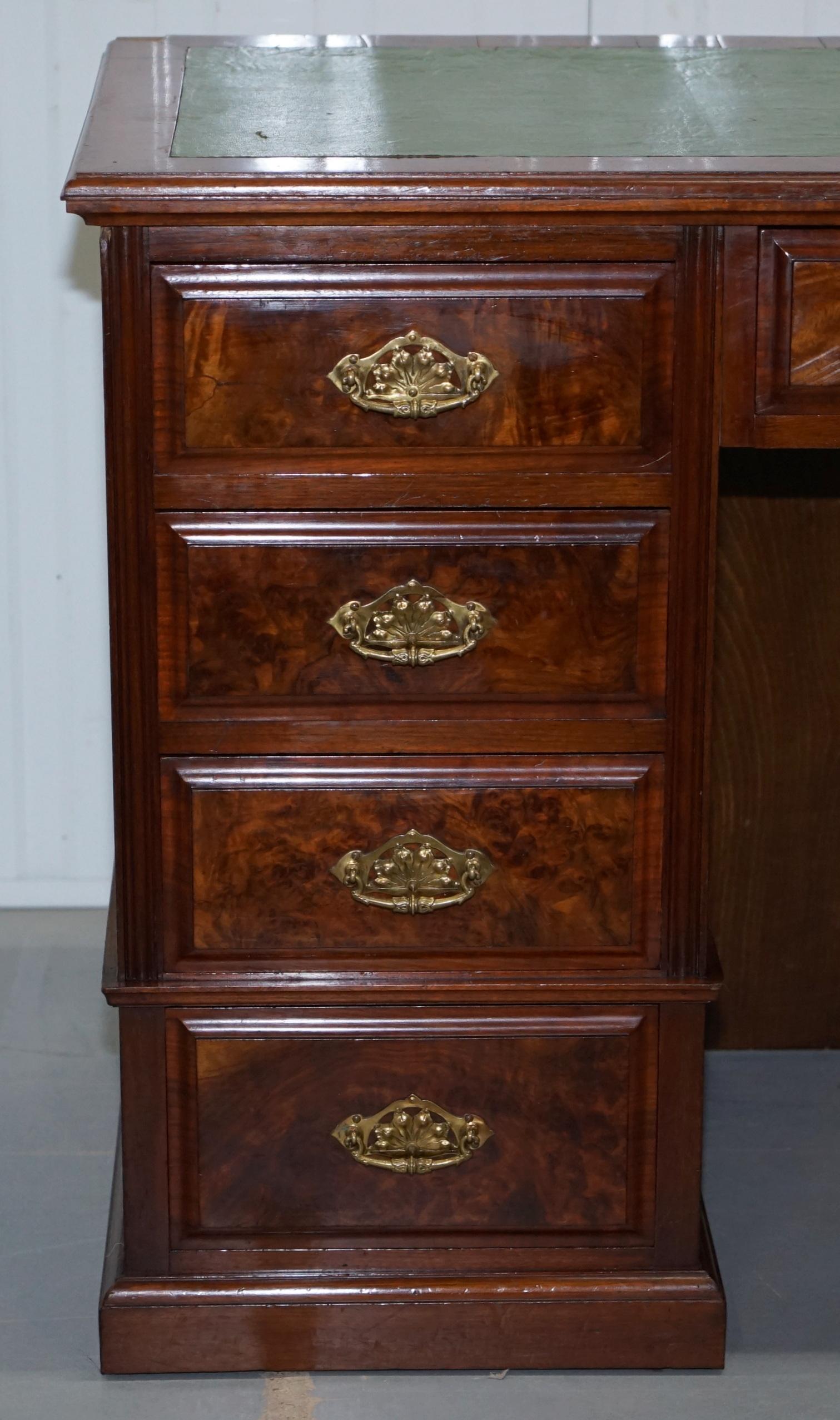 English Oversized Victorian 1870 Burr Quarter Cut Walnut Knee Hole Pedestal Partner Desk