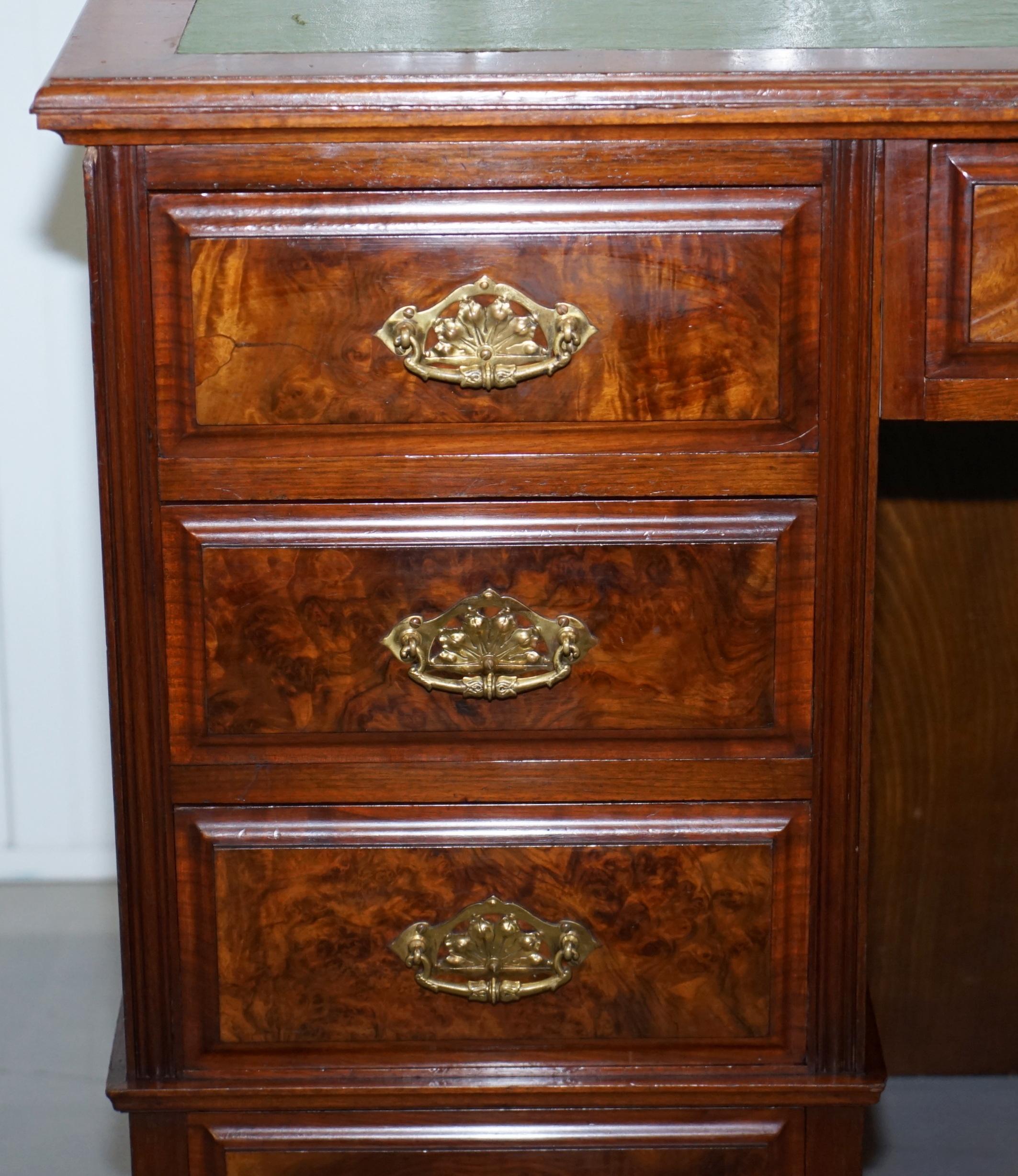 Hand-Crafted Oversized Victorian 1870 Burr Quarter Cut Walnut Knee Hole Pedestal Partner Desk