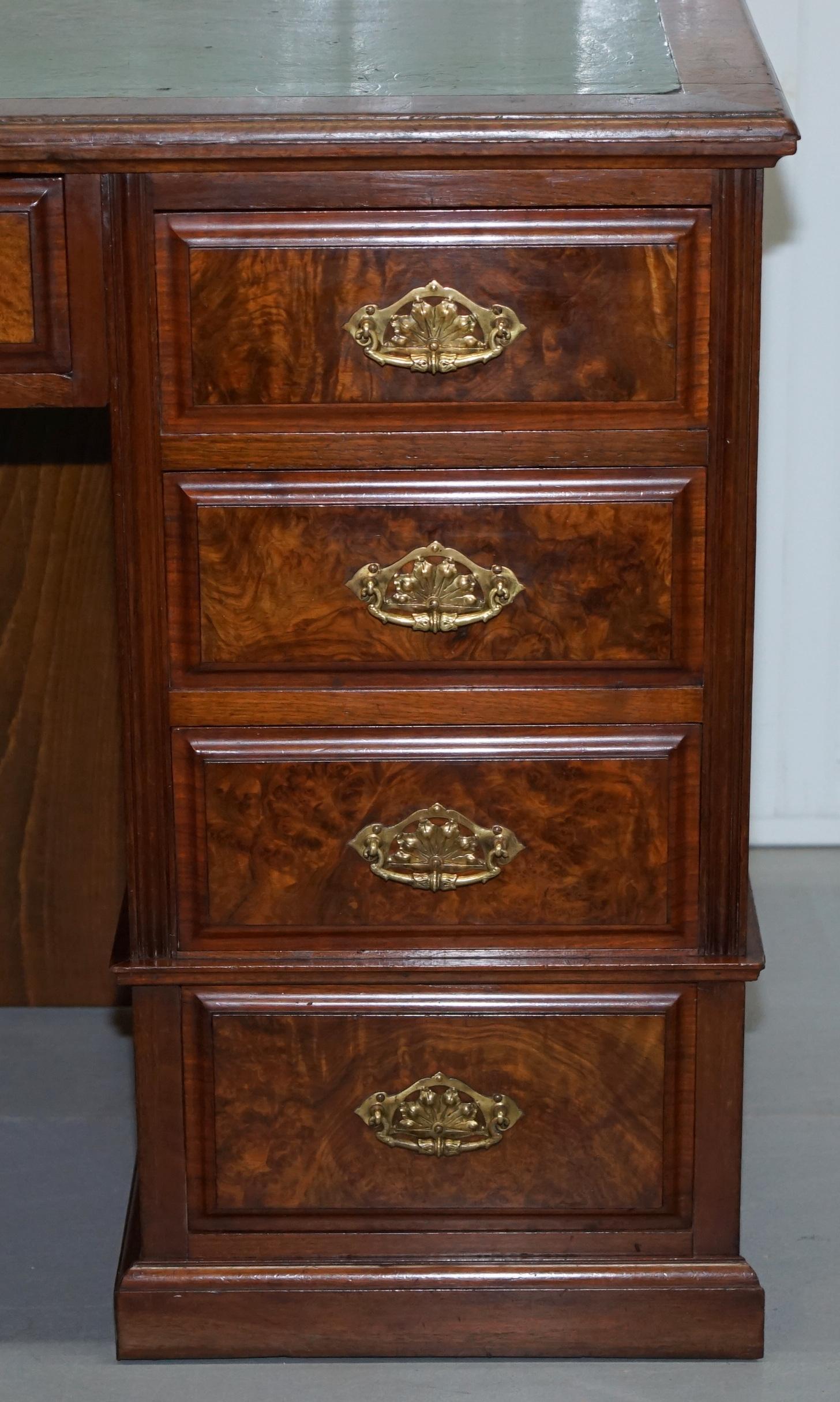 Oversized Victorian 1870 Burr Quarter Cut Walnut Knee Hole Pedestal Partner Desk 1