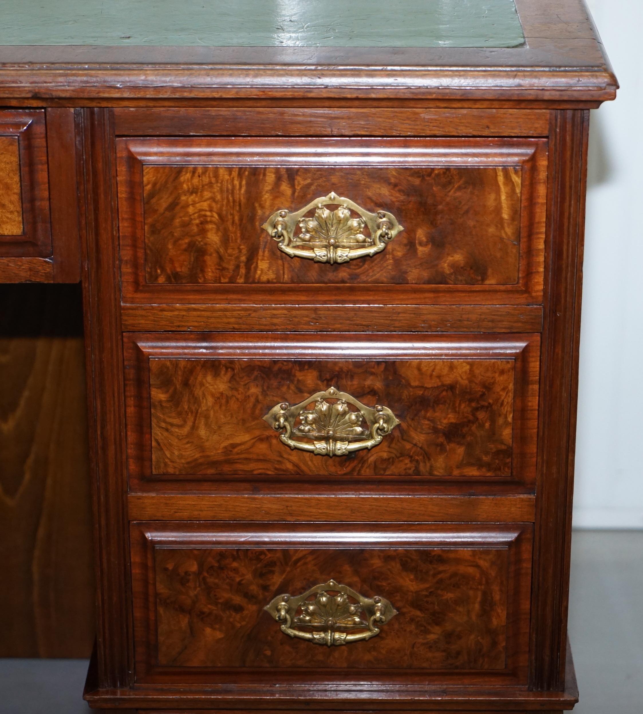 Oversized Victorian 1870 Burr Quarter Cut Walnut Knee Hole Pedestal Partner Desk For Sale 2