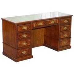 Oversized Victorian 1870 Burr Quarter Cut Walnut Knee Hole Pedestal Partner Desk