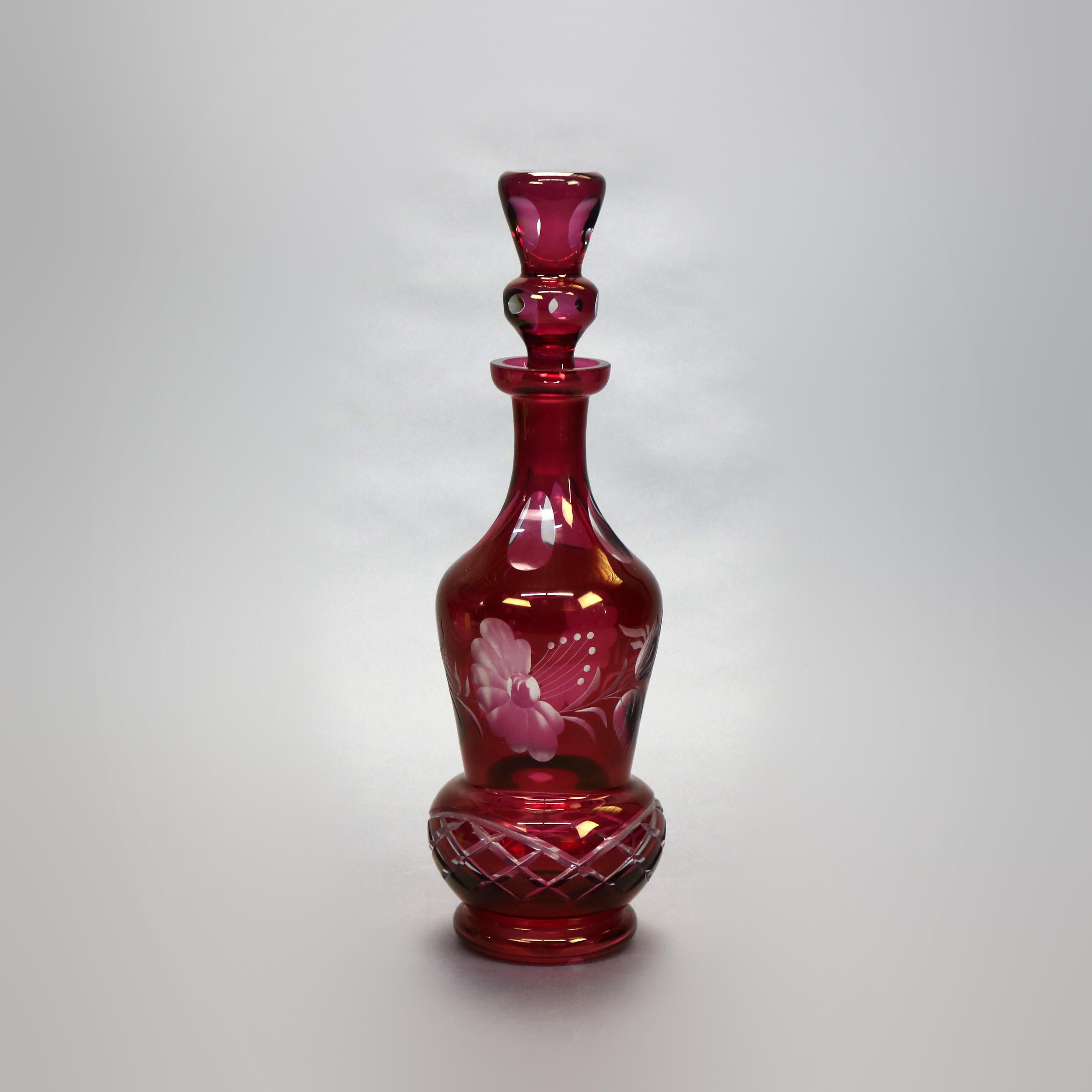 Oversized Victorian Bohemian Cut to Clear Cranberry Glass Decanter, Circa 1890 5