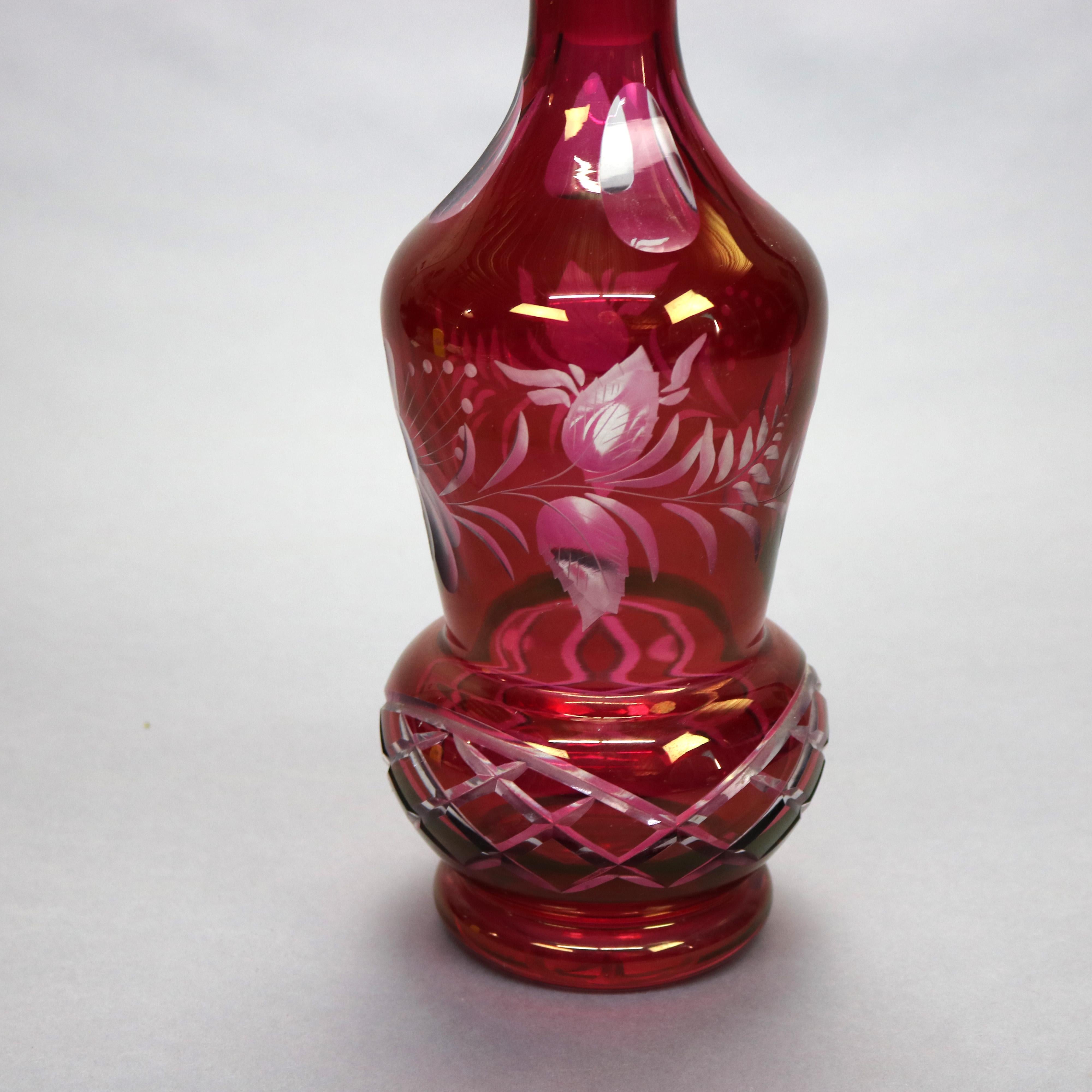 European Oversized Victorian Bohemian Cut to Clear Cranberry Glass Decanter, Circa 1890