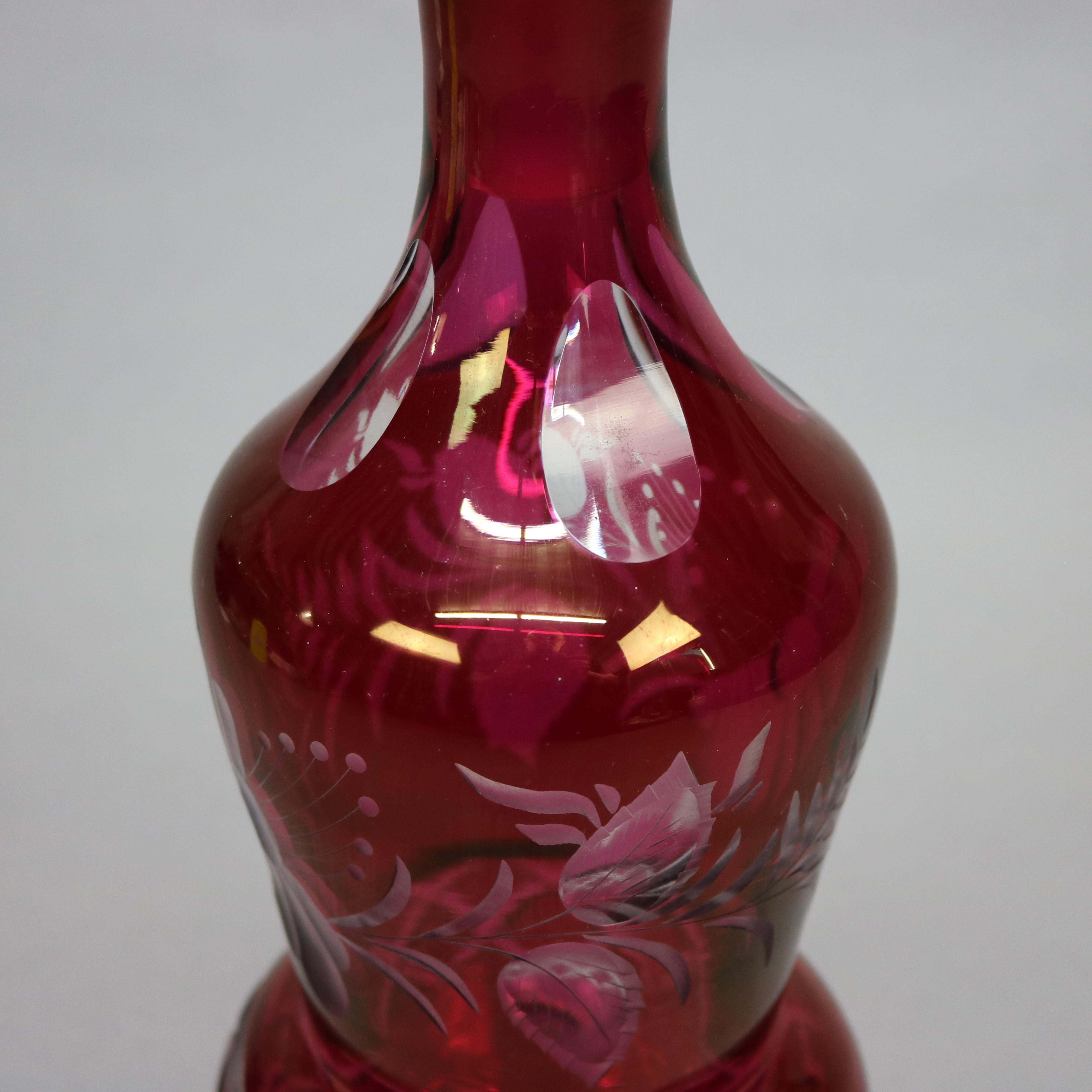 Etched Oversized Victorian Bohemian Cut to Clear Cranberry Glass Decanter, Circa 1890
