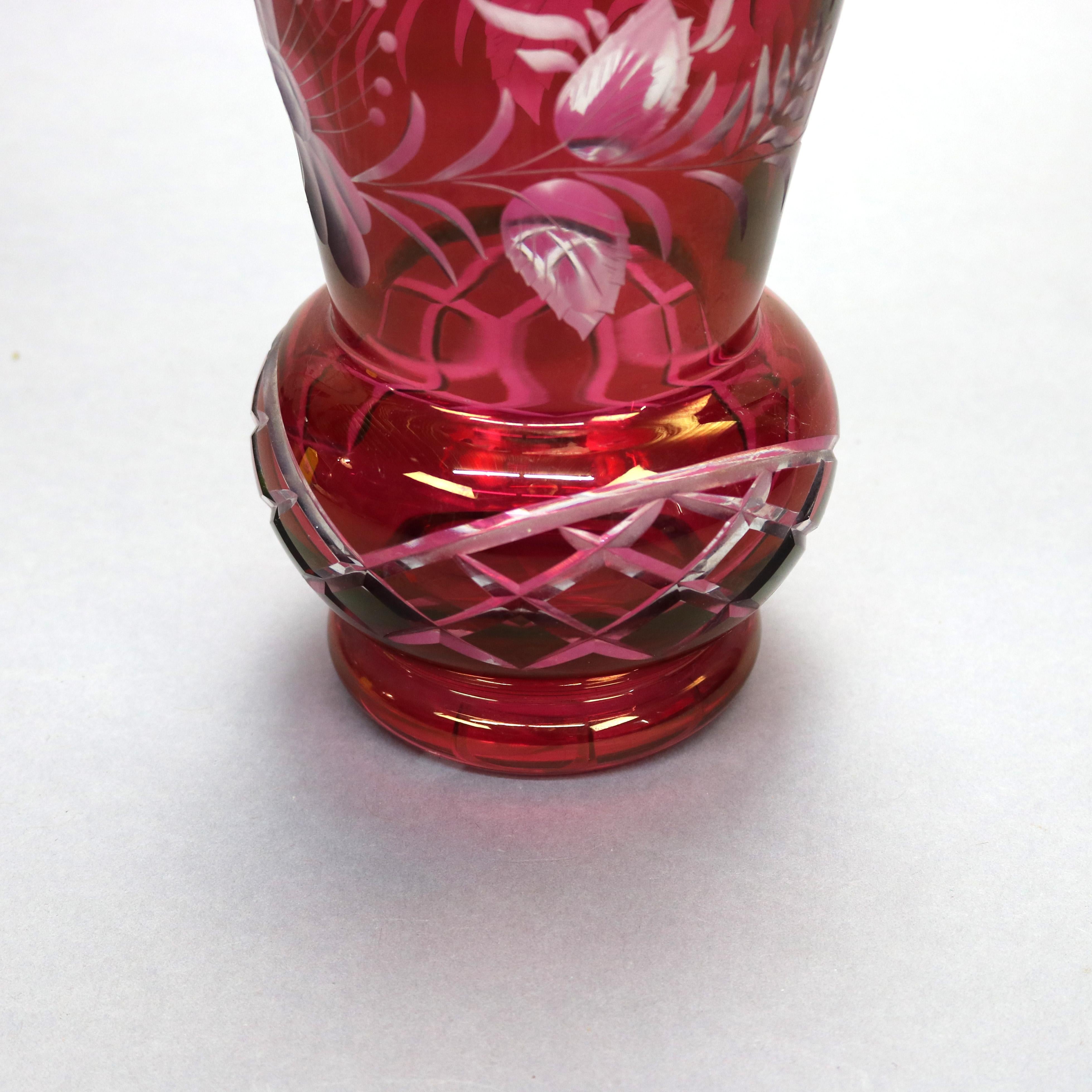 Oversized Victorian Bohemian Cut to Clear Cranberry Glass Decanter, Circa 1890 In Good Condition In Big Flats, NY