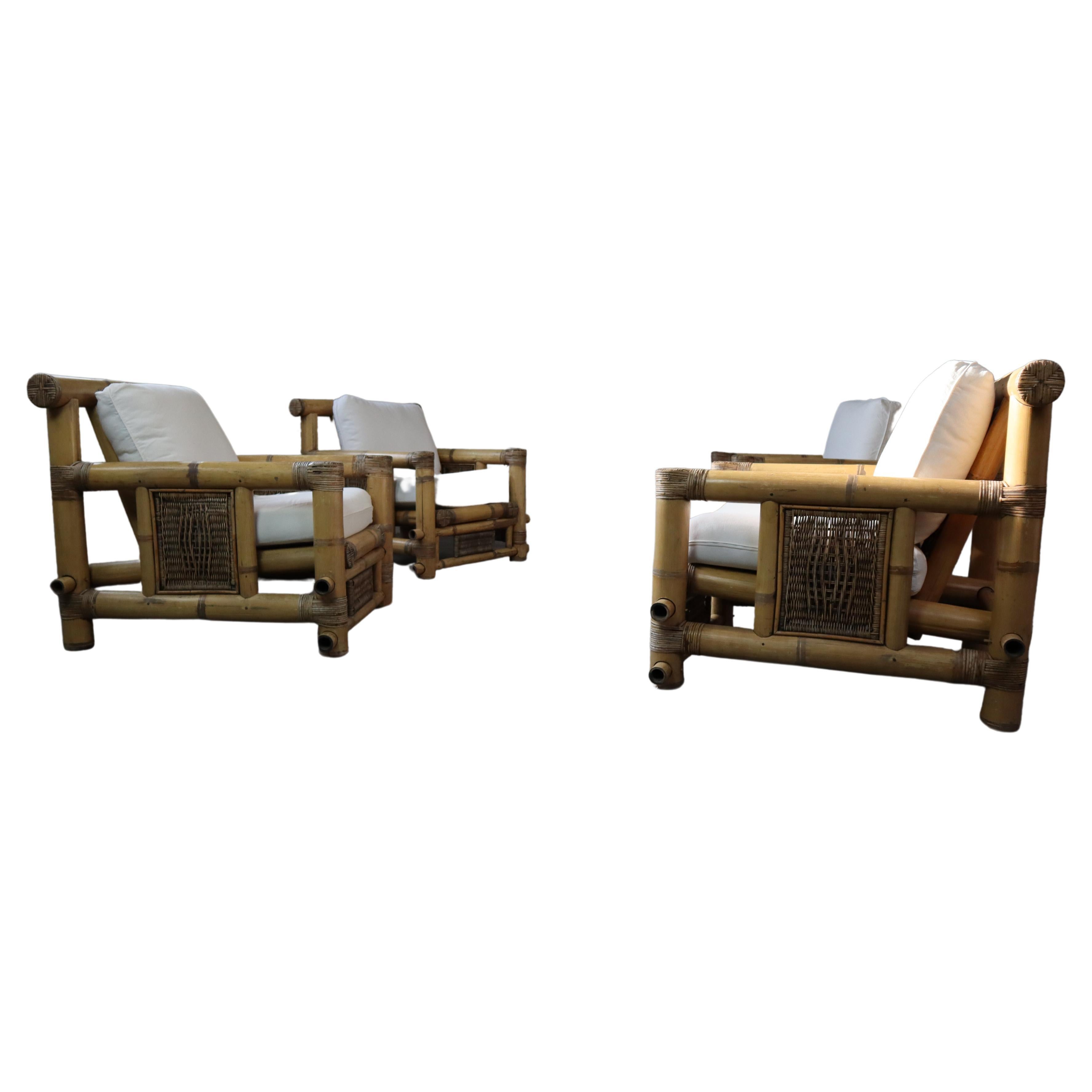 Oversized Vintage Bamboo Lounge Chairs , 1980's Philippines, Set of Four