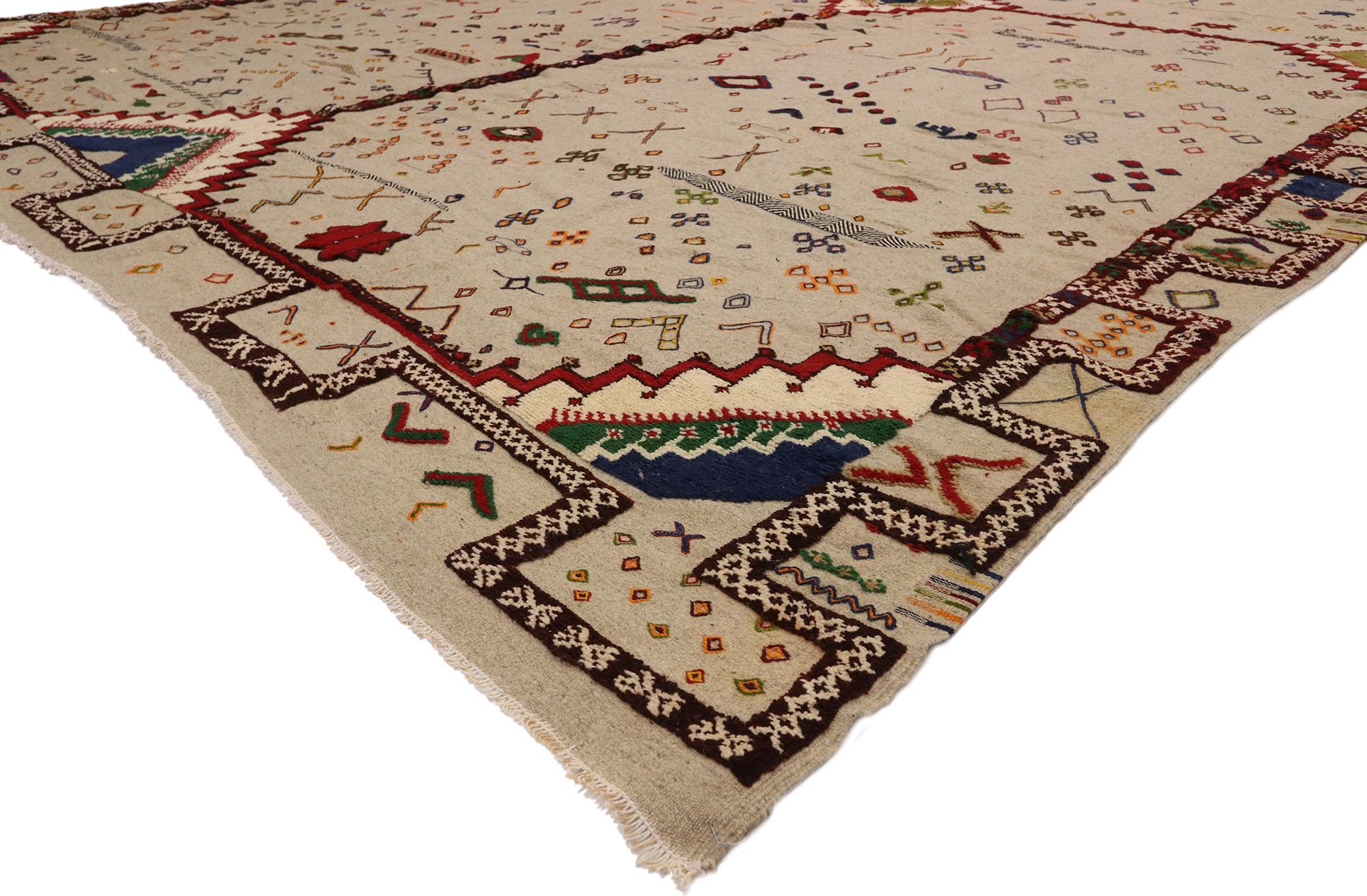 20923, Oversized vintage Berber Moroccan Glaoui Kilim high-low rug 12'10 x 17'08. With its bold expressive design, incredible detail and texture, this Berber Moroccan Kilim Glaoui rug is a captivating vision of woven beauty highlighting the three