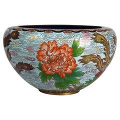 Oversized Vintage Chinese Cloisonne Enameled Bowl With Floral & Pheasants 20thC