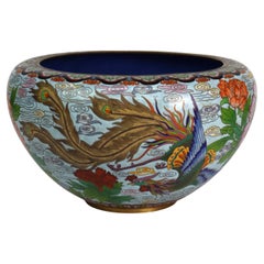 Oversized Vintage Chinese Cloisonne Enameled Bowl With Floral 
Pheasants 20thC