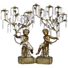 Oversized Vintage Classical Italian Cherub Gilt and Crystal Prism Candelabra