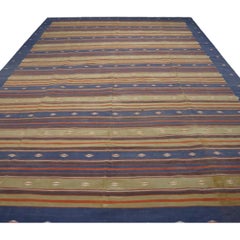 Oversized Vintage Dhurrie Rug in Blue with Stripes and Patterns  Rug & Kilim