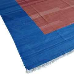 Oversized Vintage Dhurrie Rug in Red Open Field with Blue Border  Rug & Kilim