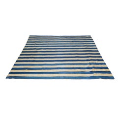 Oversized Vintage Dhurrie Rug with Blue and Brown Stripes  Rug & Kilim