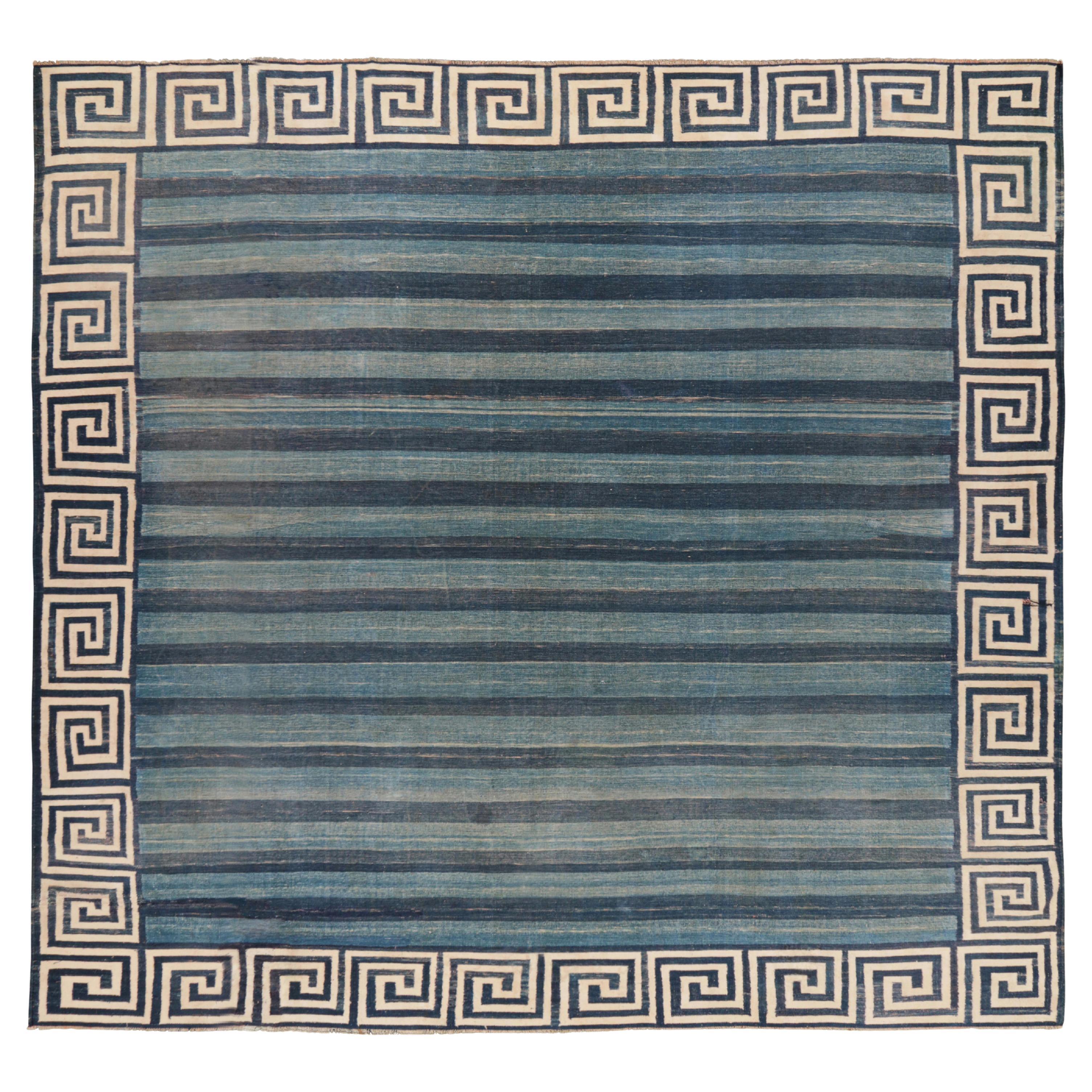 Oversized Vintage Dhurrie Square Rug in Blue Stripes and Geometric Border