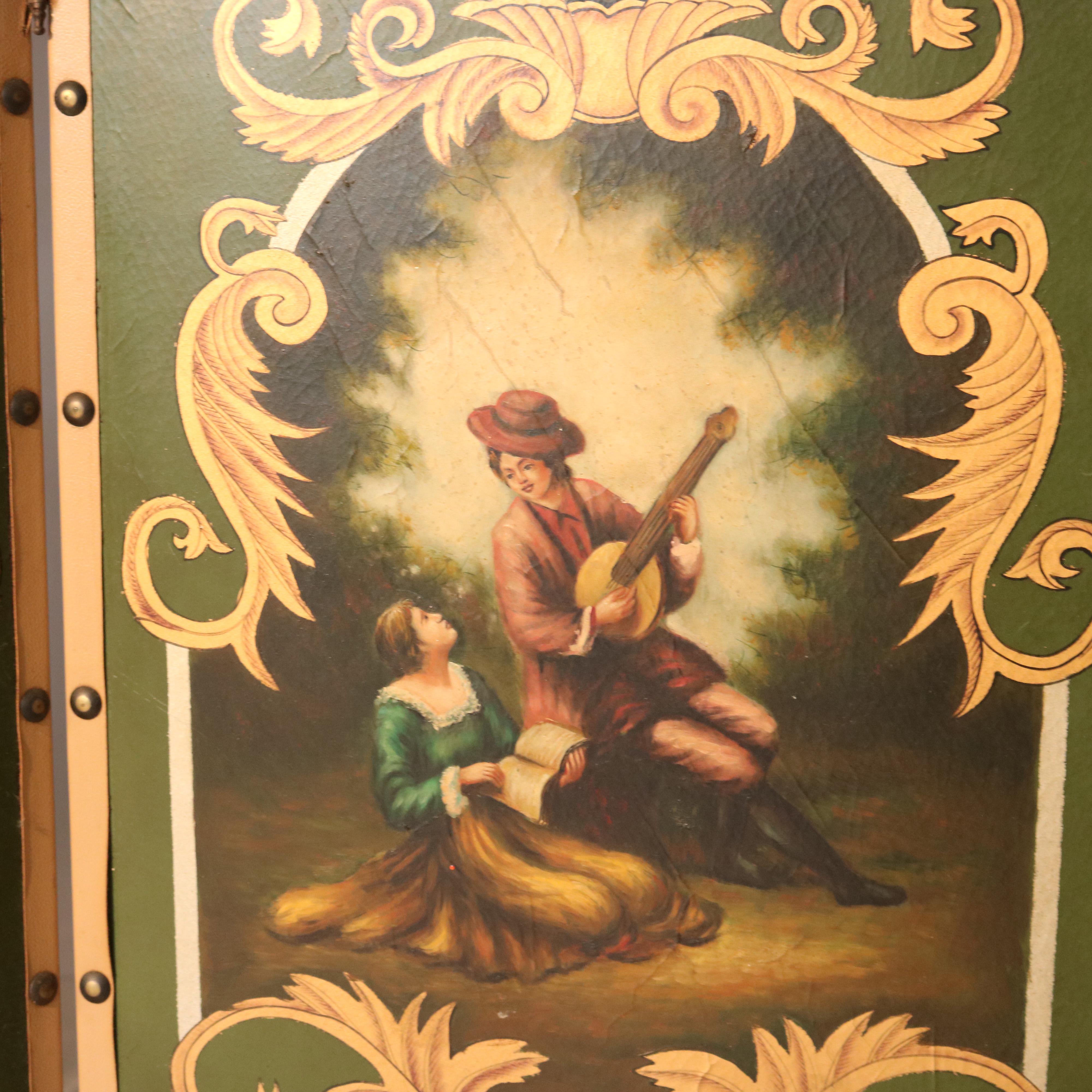 Legno Paravento d'epoca sovradimensionato a quattro pannelli con scene dipinte a mano c1940 in vendita