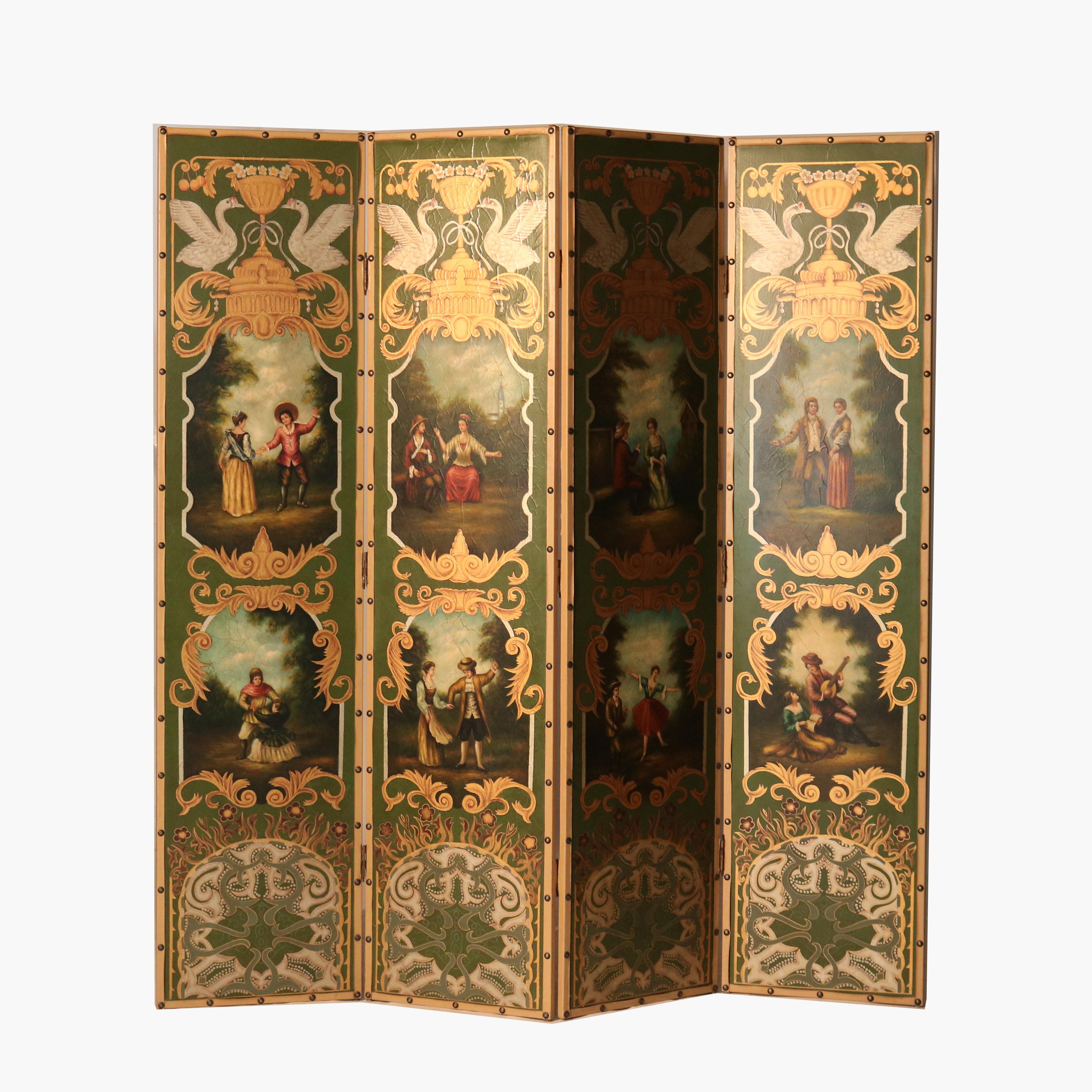 Oversized Vintage Four-Paneled Screen with Hand Painted Scenes c1940