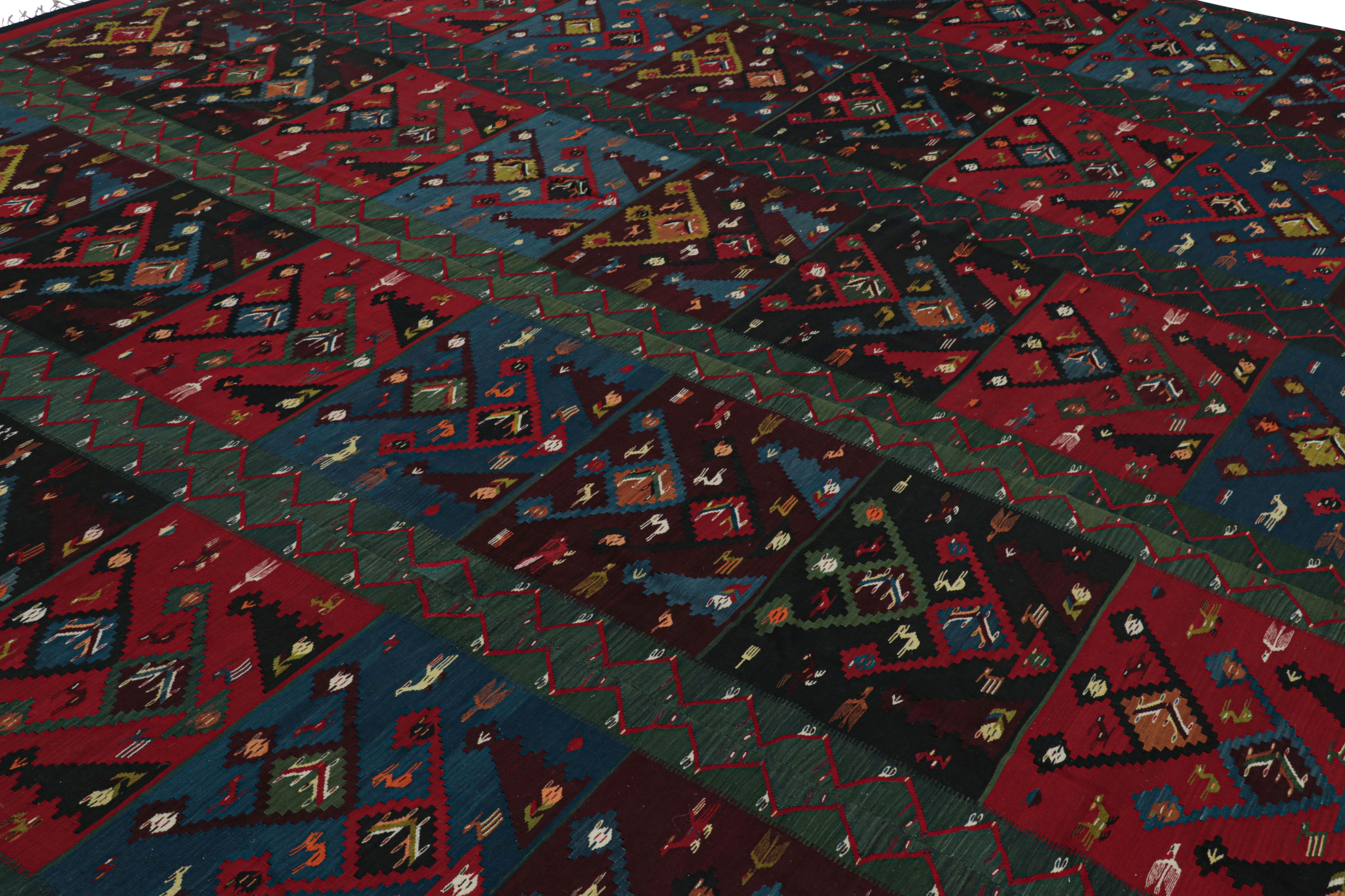 Made with handwoven wool and originating from Turkey circa 1940-1950, this oversized 15x15 vintage square kilim represents a significant addition to Rug & Kilim's collection of rare flatweaves—an absolute exemplar of panel-weaving techniques in both