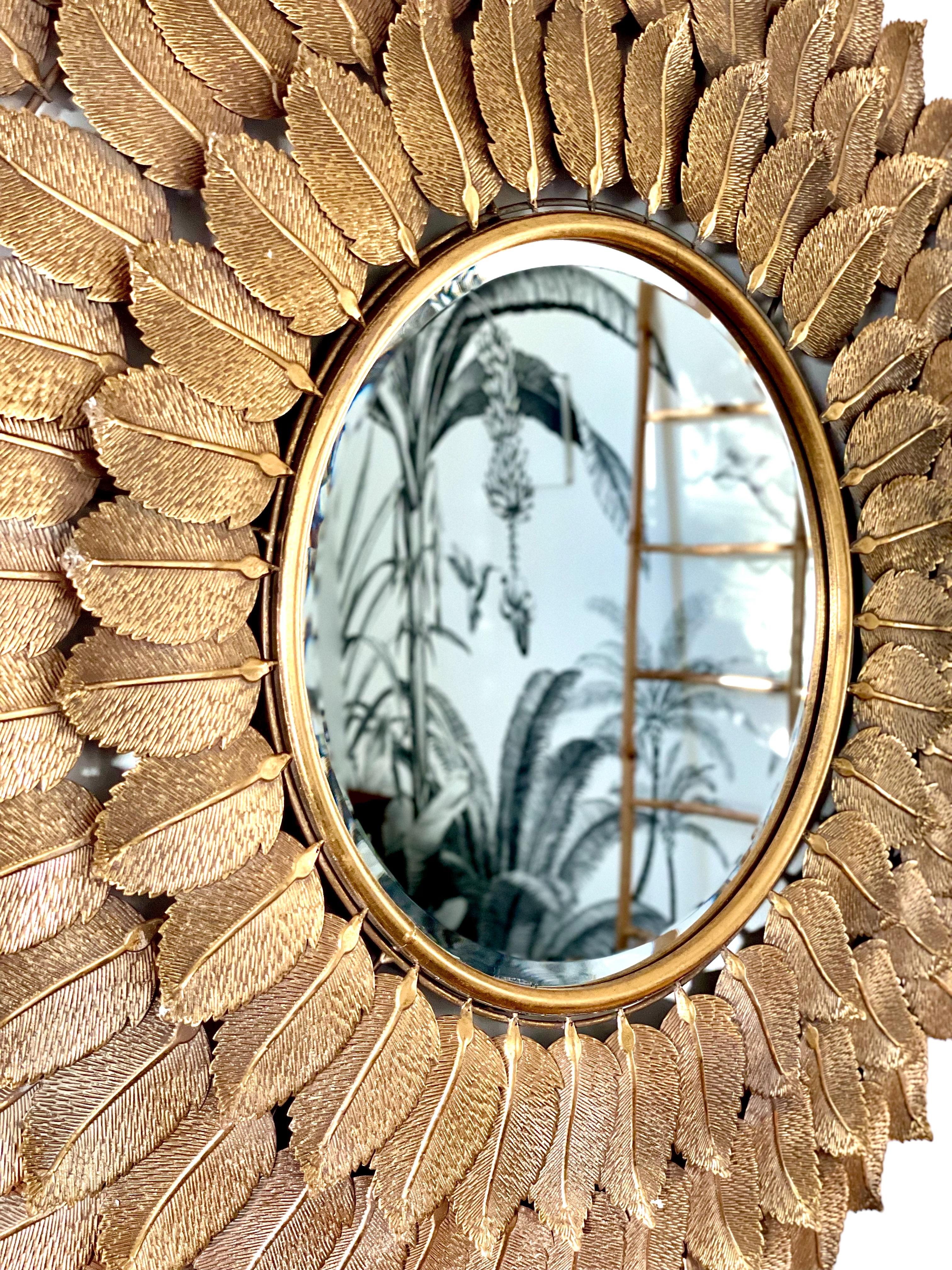 Oversized Vintage Metal Leafed Sunburst Mirror In Good Condition For Sale In LA CIOTAT, FR