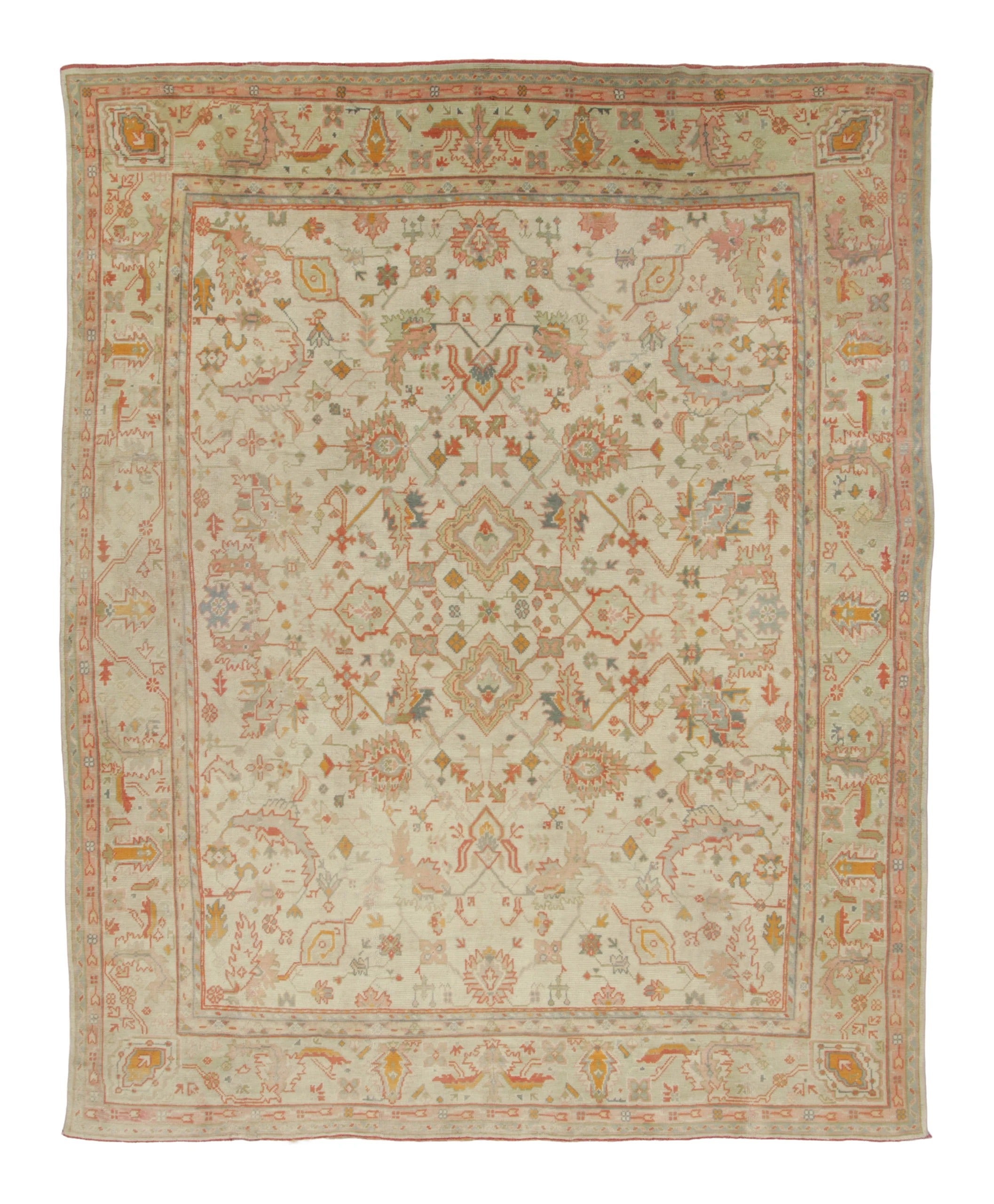 Oversized Vintage Oushak Rug with Beige & Blue Diamond Medallions - Rug & Kilim