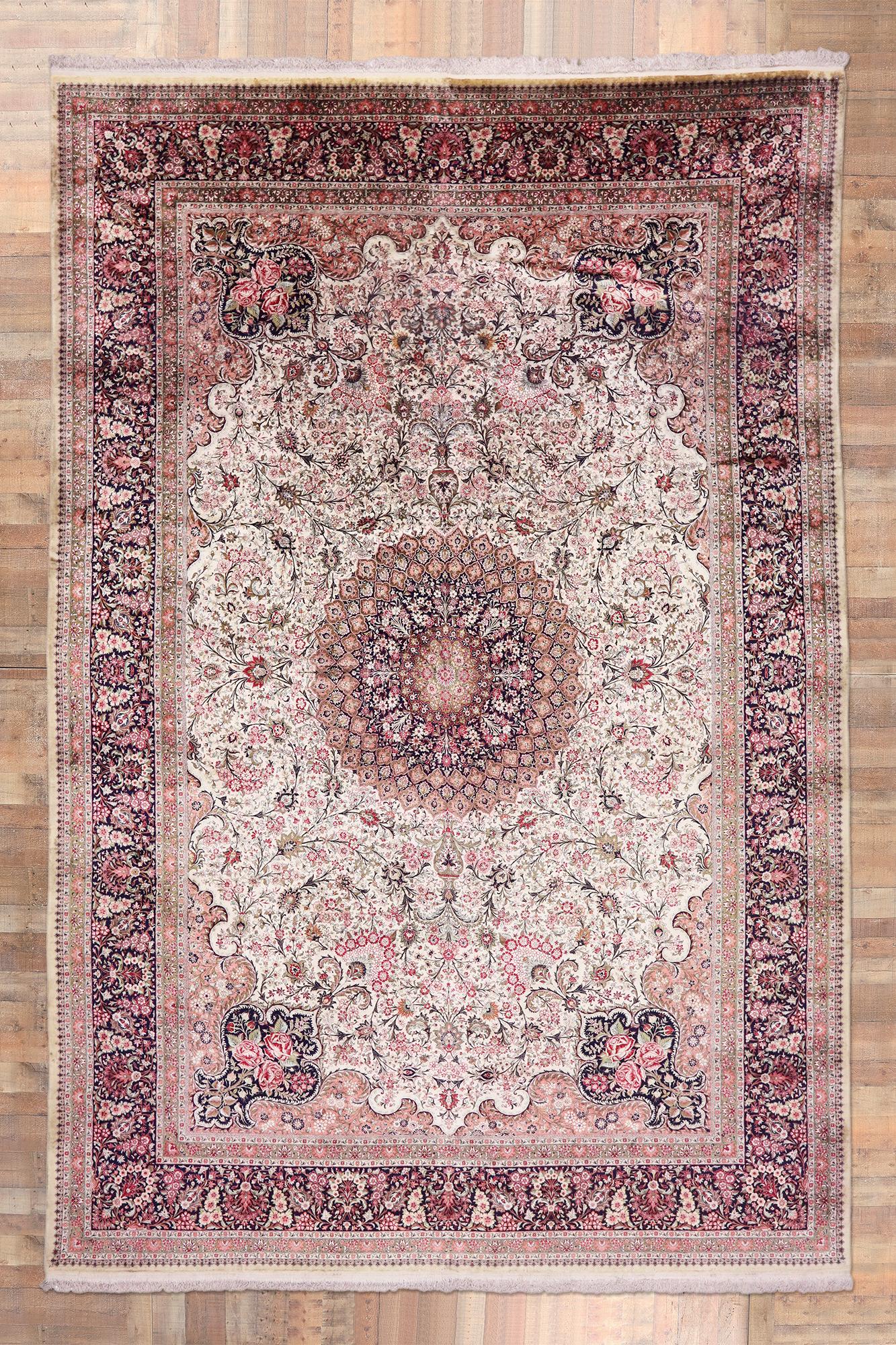 Tapis persan rose Qum vintage, 13'07 x 20'01 en vente 4