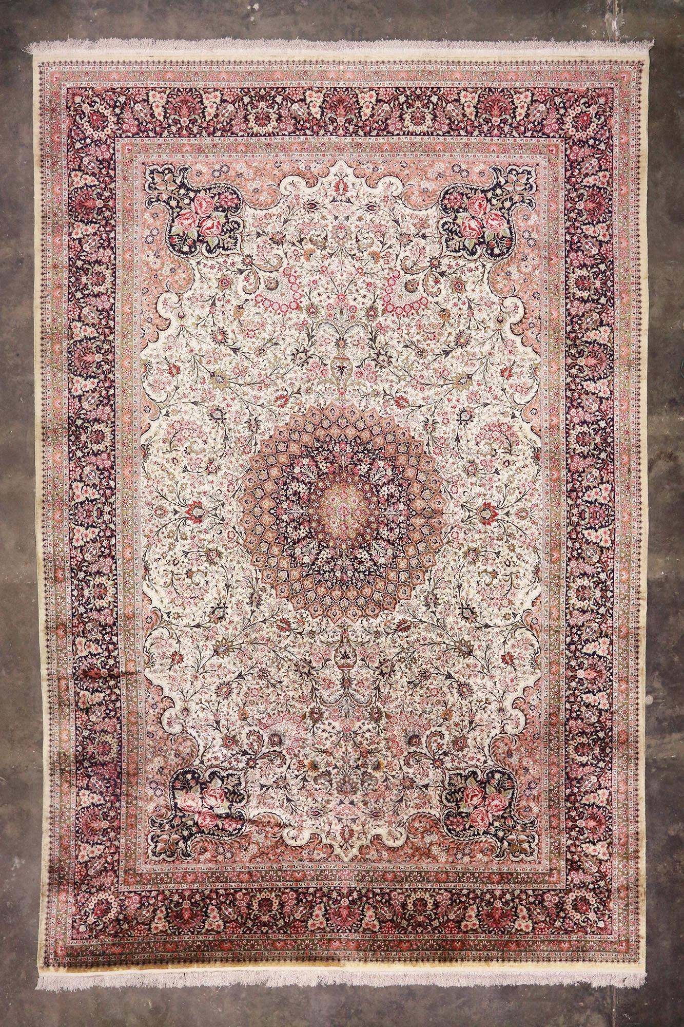 Tapis persan rose Qum vintage, 13'07 x 20'01 en vente 7