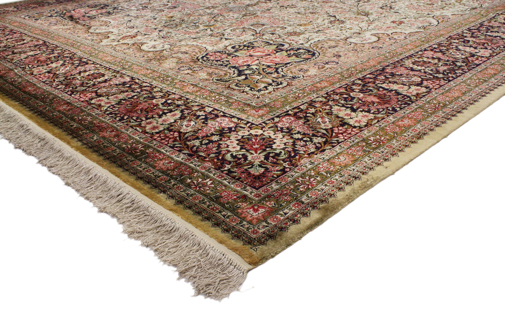 72891 Vintage Persian Silk Qum Rug, 13'07 X 20'01. Emanating French Romanticism with incredible detail and texture, this vintage Persian silk  Qum rug is a captivating vision of woven beauty. The visual complexity and dreamy colorway woven into this