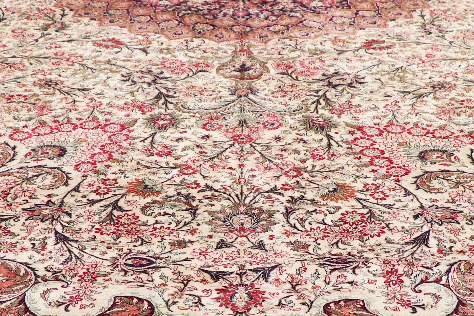 Rococo Vintage Pink Persian Silk Qum Rug, 13'07 x 20'01 For Sale