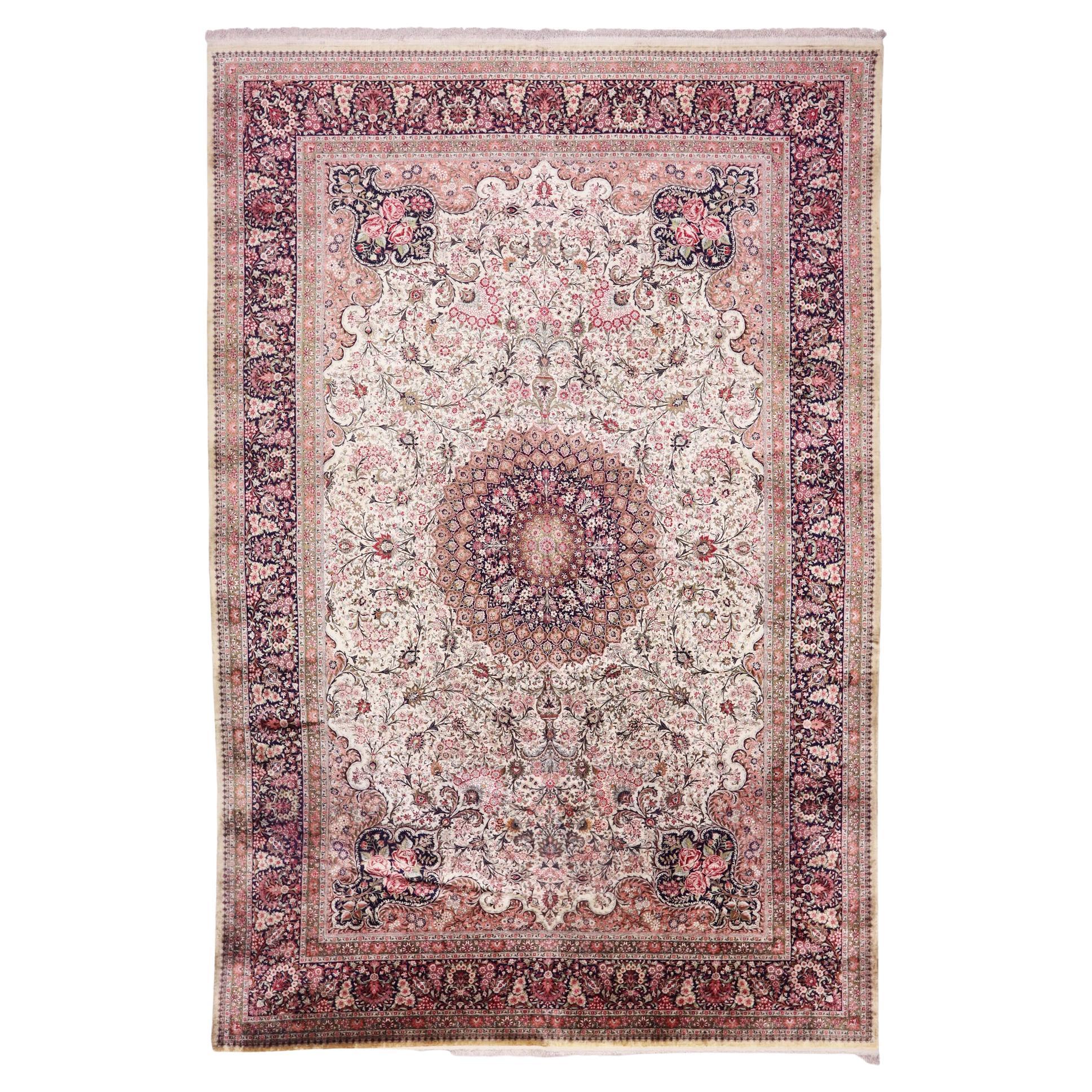 Vintage Pink Persian Silk Qum Rug, 13'07 x 20'01 For Sale