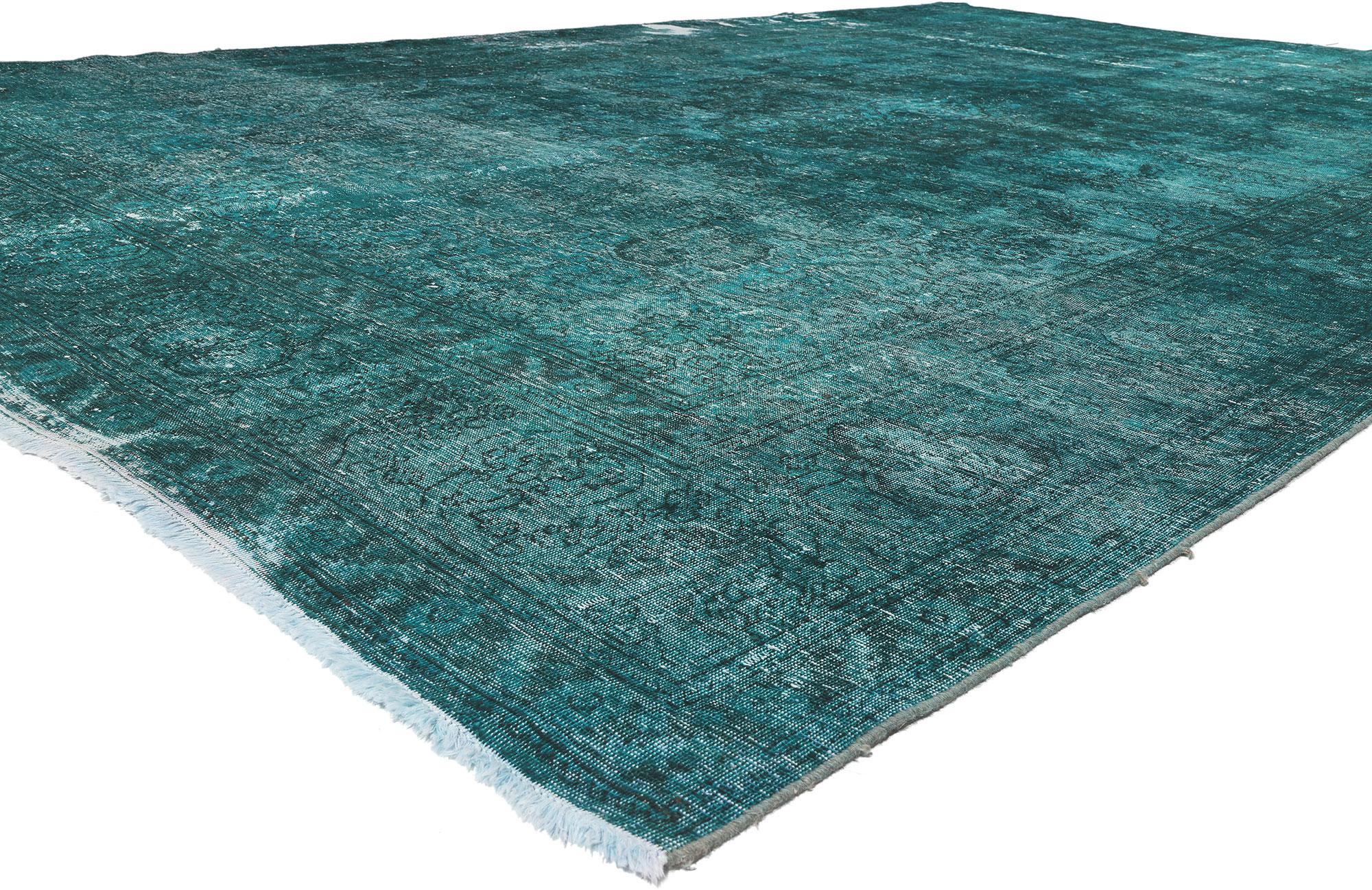 78584 Vintage Persian Teal Overdyed Rug, 10'11 x 16'09. Vintage charm meets eclectic modern flair in this vintage Persian overdyed rug. The inconspicuous design and vibrant teal hues infused into this piece work together creating a fashion-forward