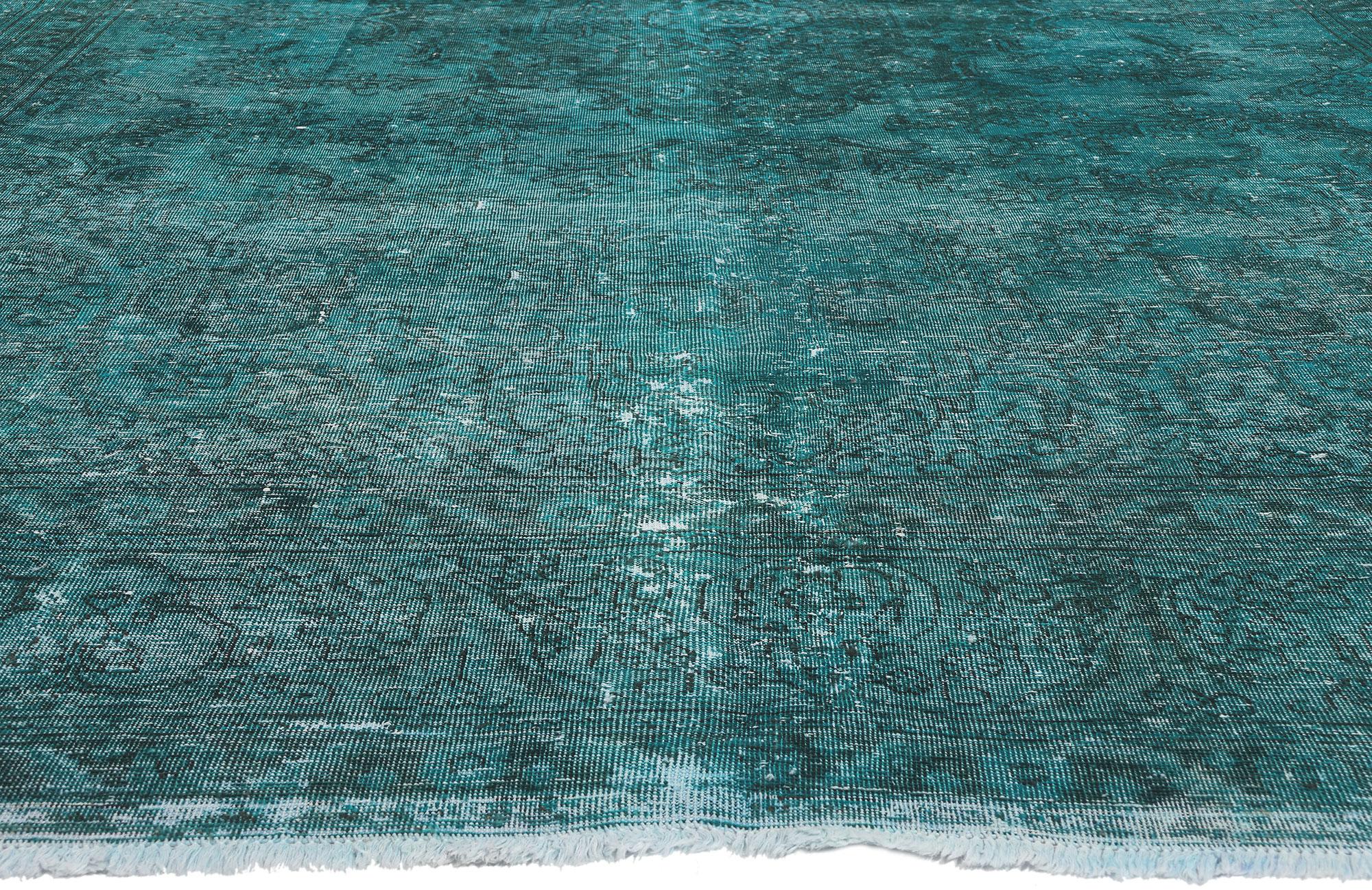 Hand-Knotted Oversized Vintage Persian Teal Overdyed Rug For Sale